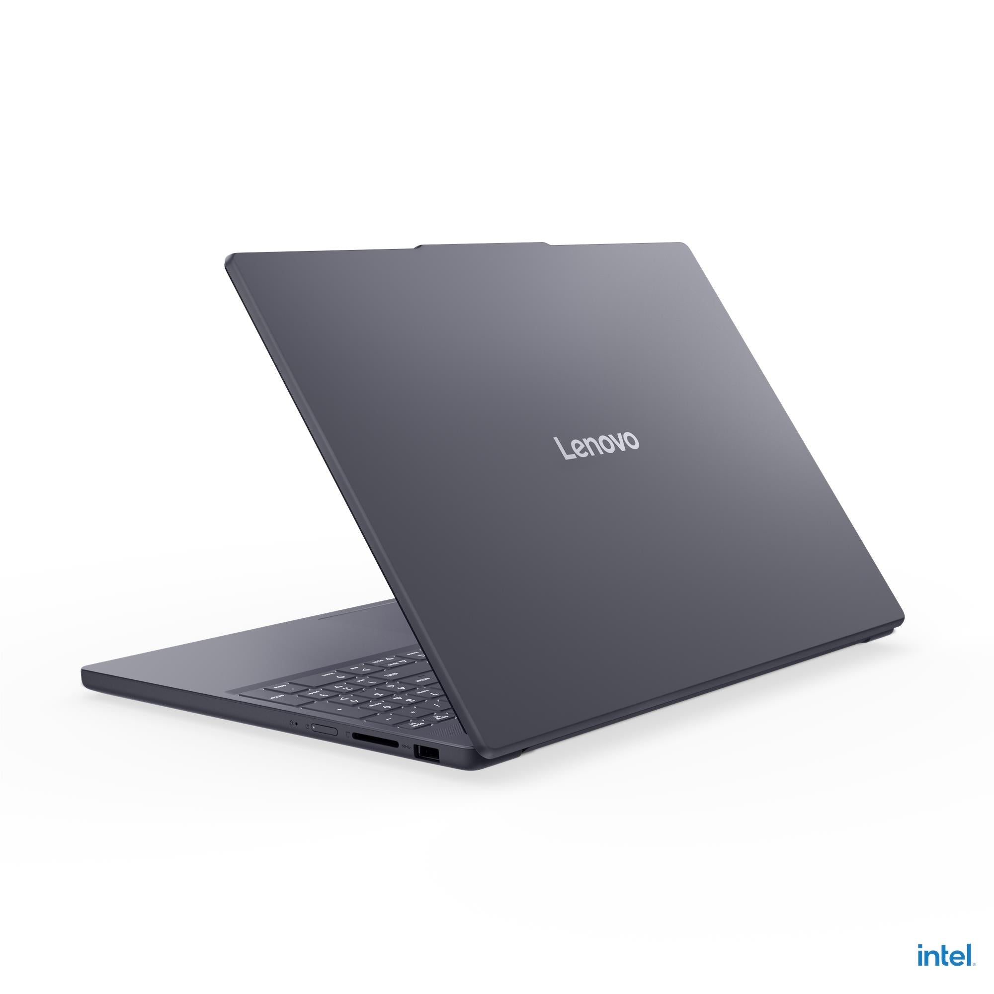 Grey Lenovo laptop lid with Lenovo logo, closed.