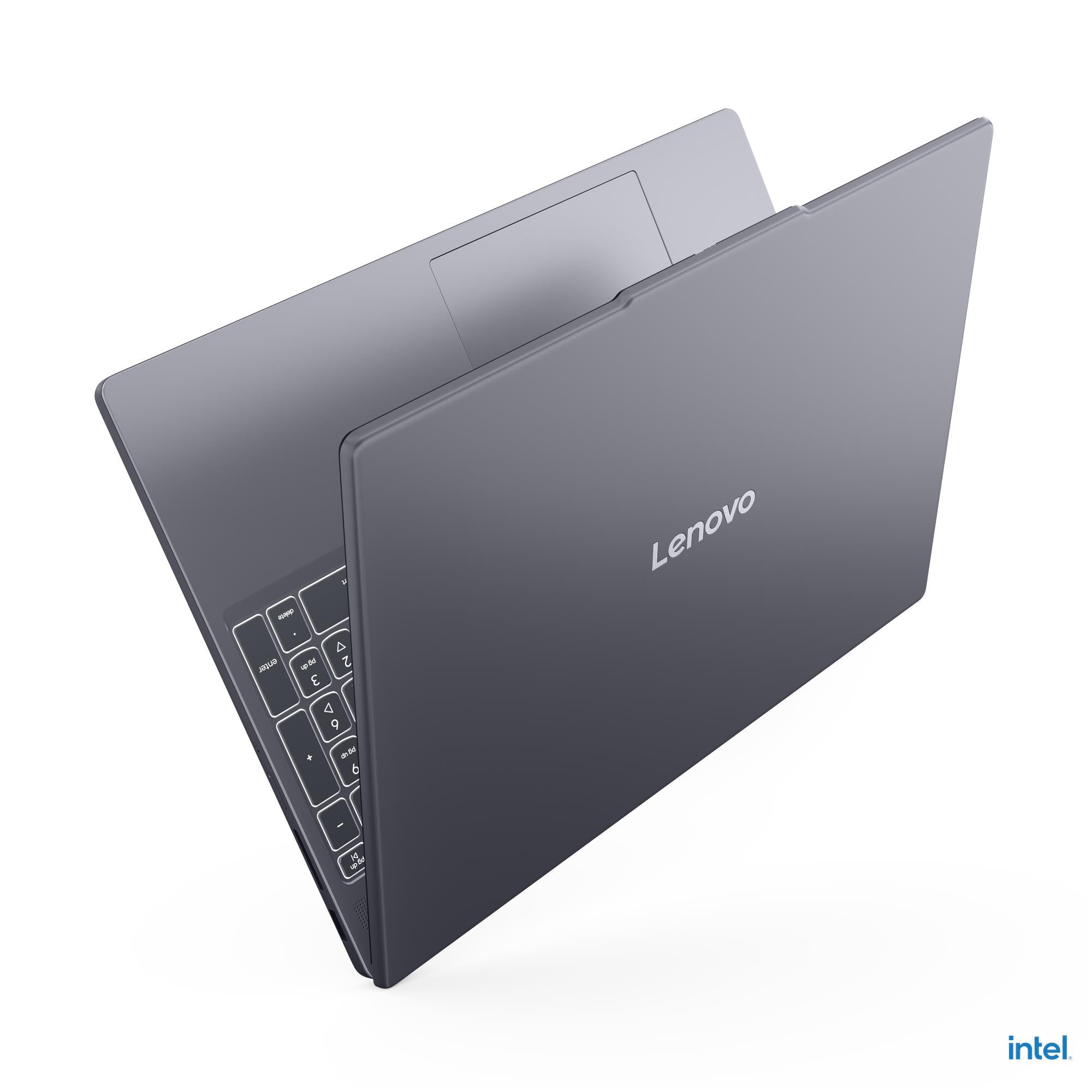 Grey Lenovo laptop side view with keyboard edge and visible port area.
