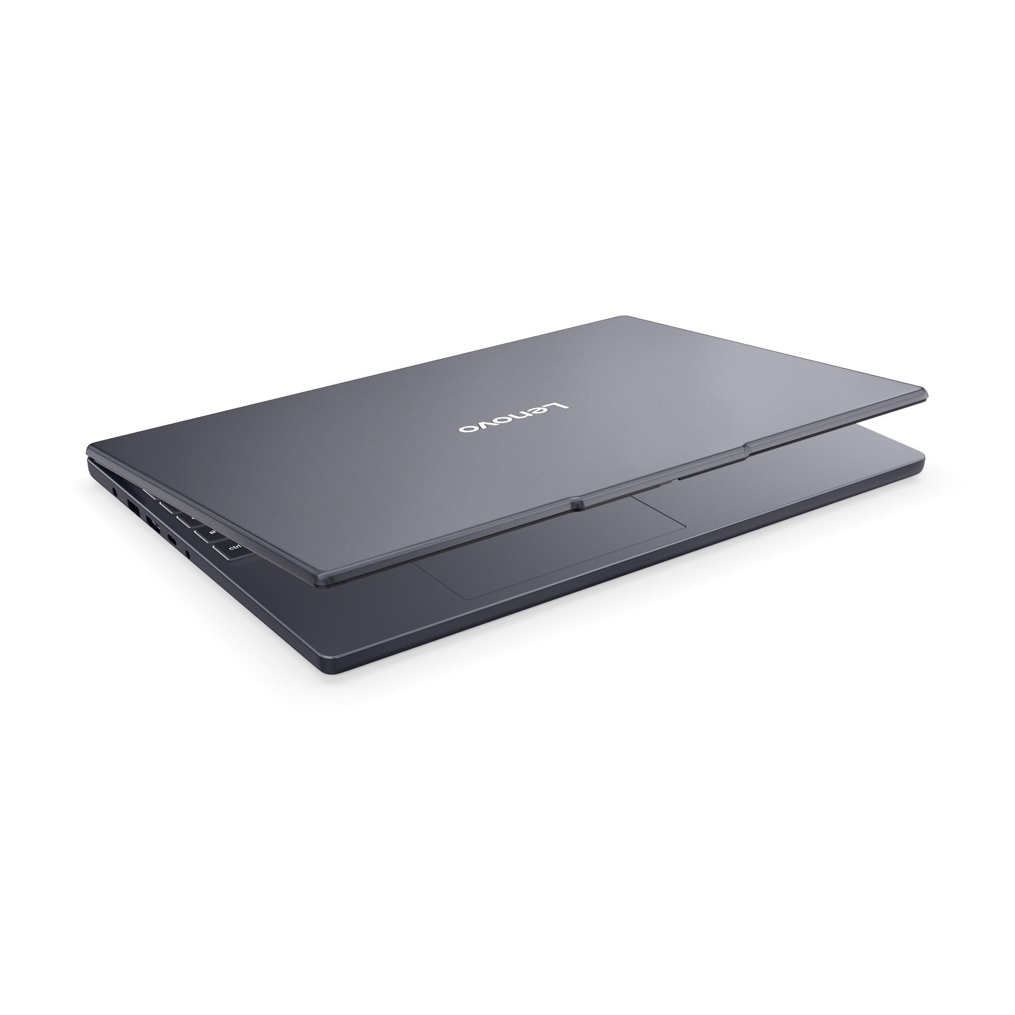 Grey Lenovo laptop base view with hinge seam and vented panel.