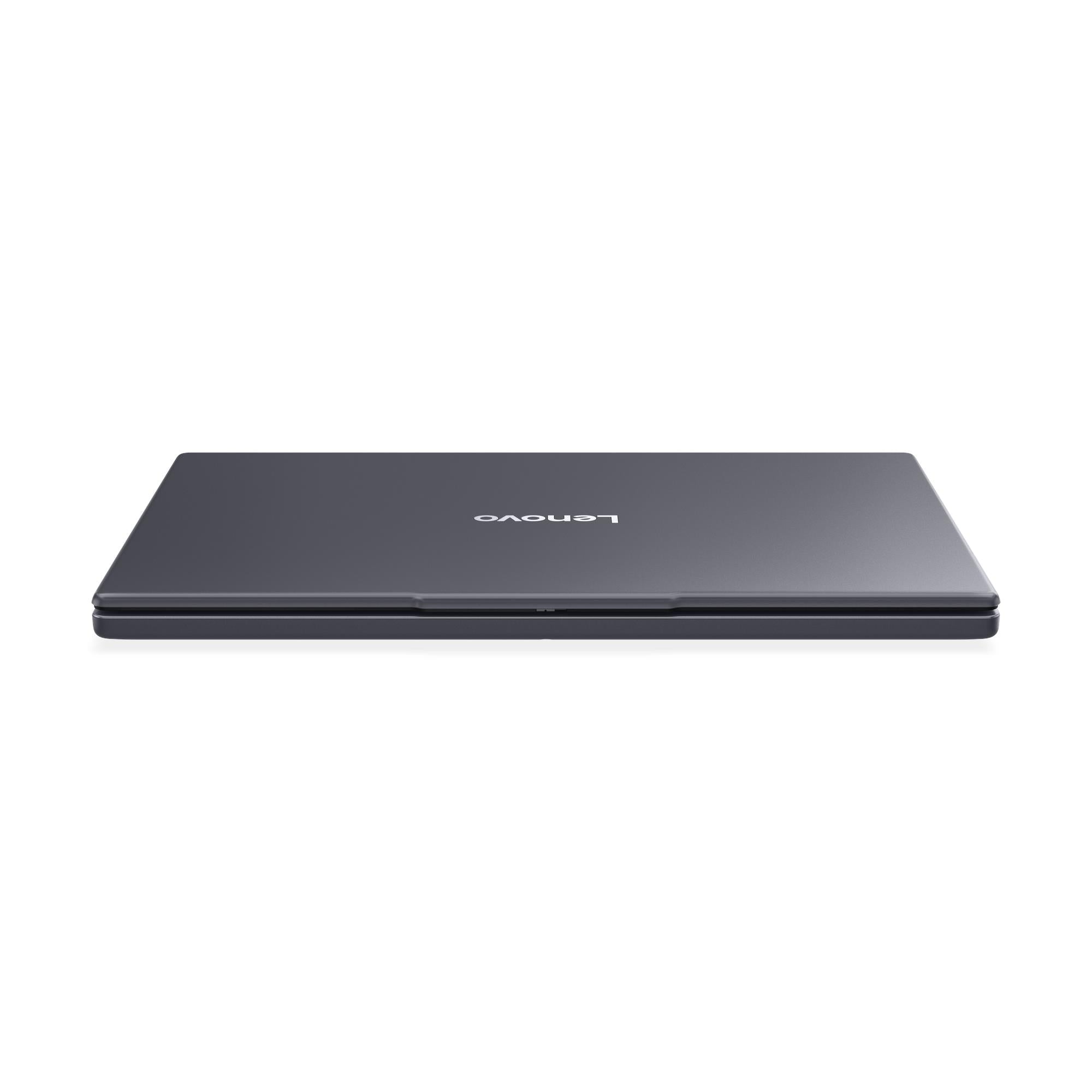 Grey Lenovo laptop top cover, closed, with Lenovo branding.