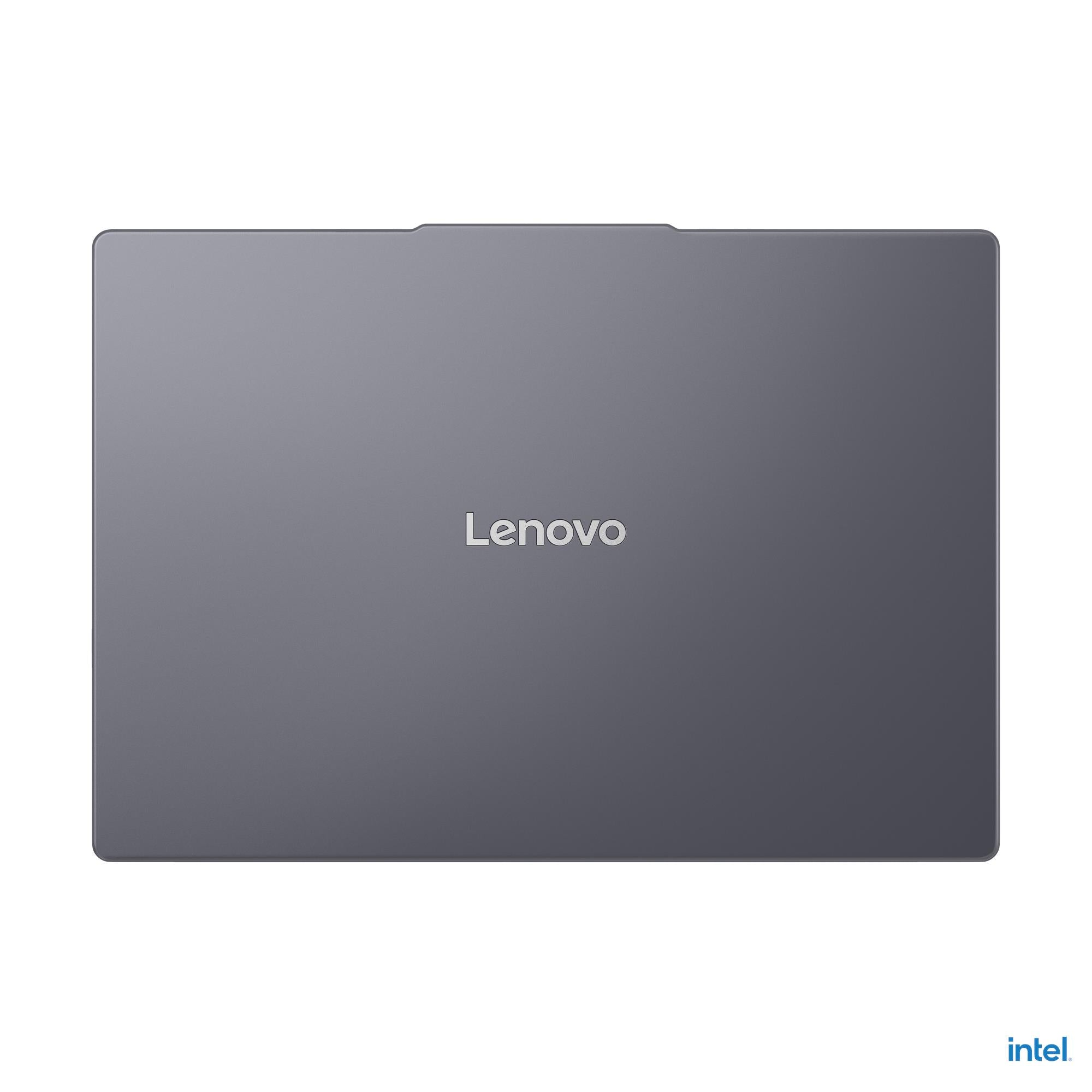 Grey Lenovo back panel close-up with Lenovo logo and Intel badge.
