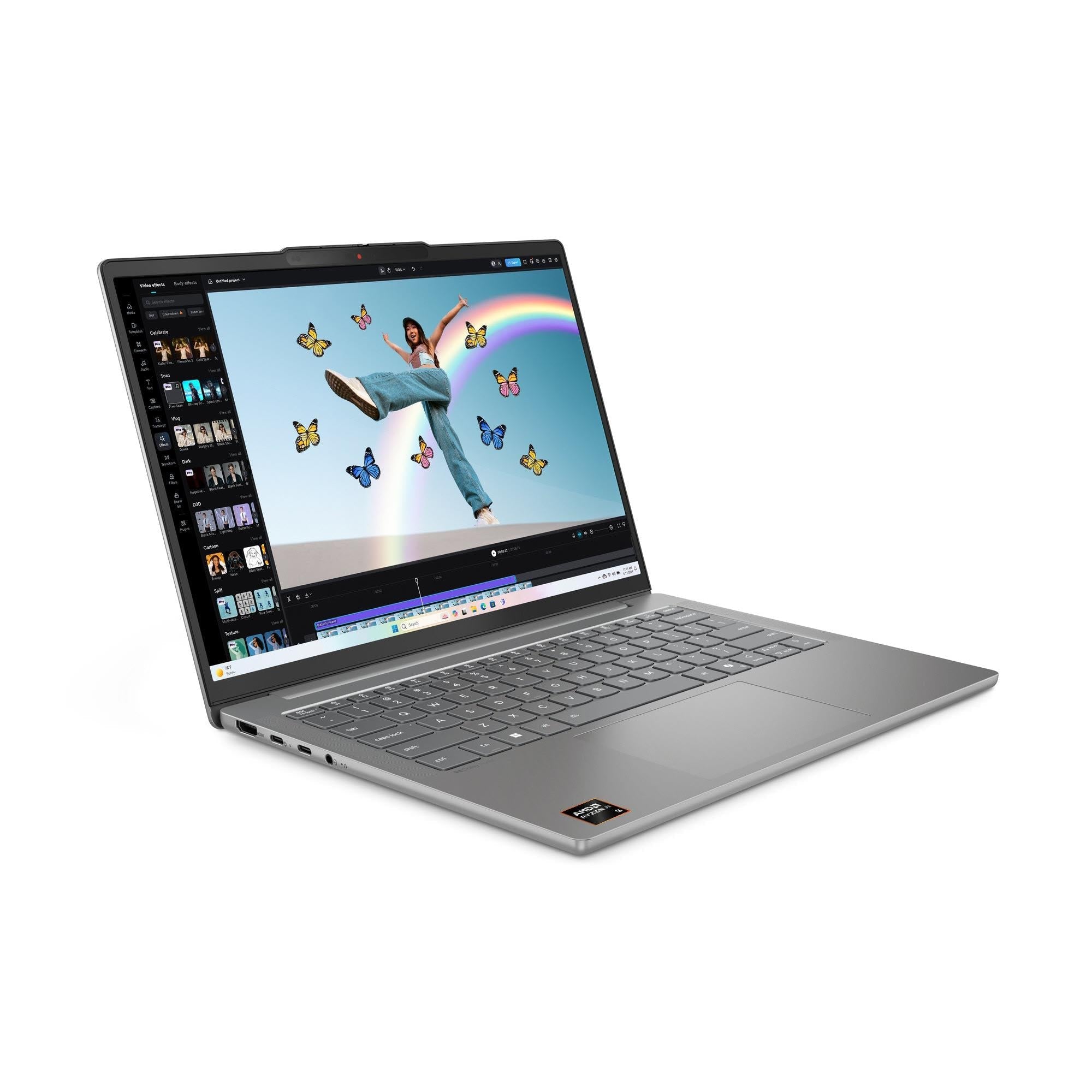 Lenovo IdeaPad Slim 5 laptop angled open, keyboard visible and colorful editing display