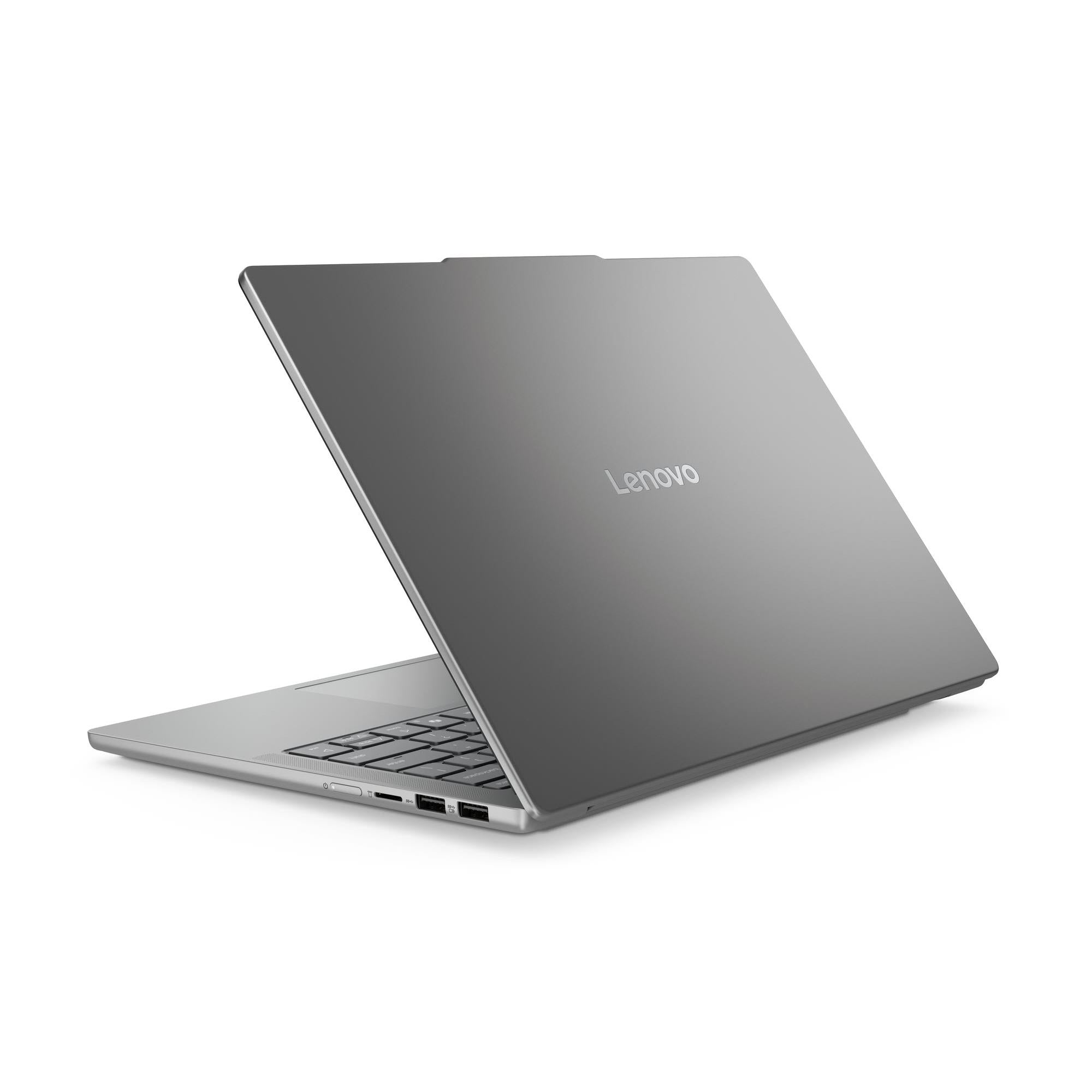 Closed gray Lenovo laptop shown at an angle with Lenovo logo on the lid