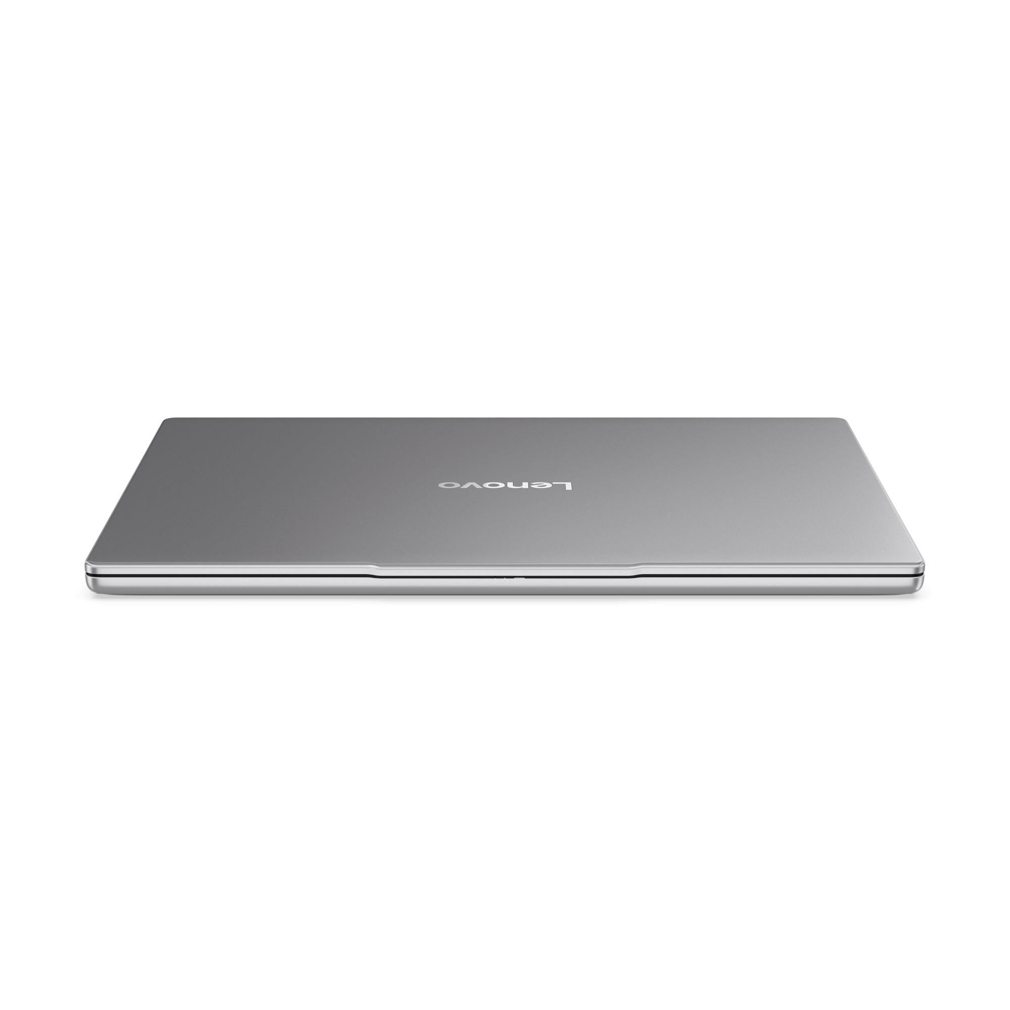 Closed gray laptop with Lenovo logo centered on the lid
