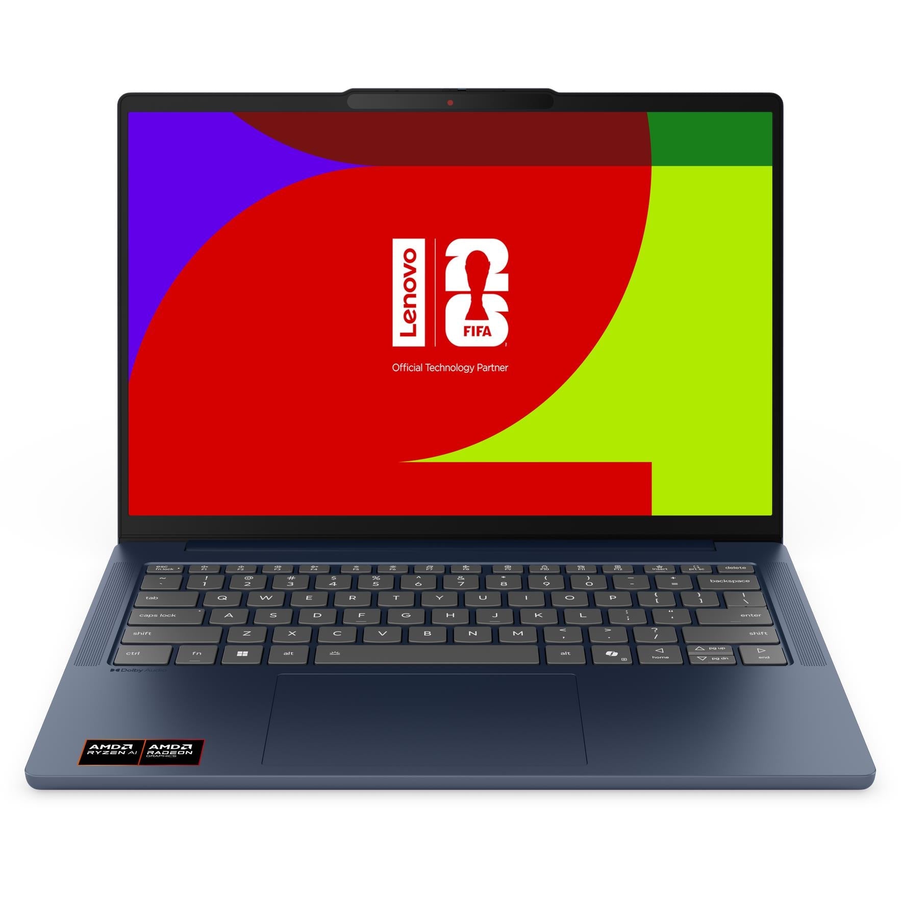 Blue OLED laptop with open screen and visible keyboard, Lenovo logo on bezel