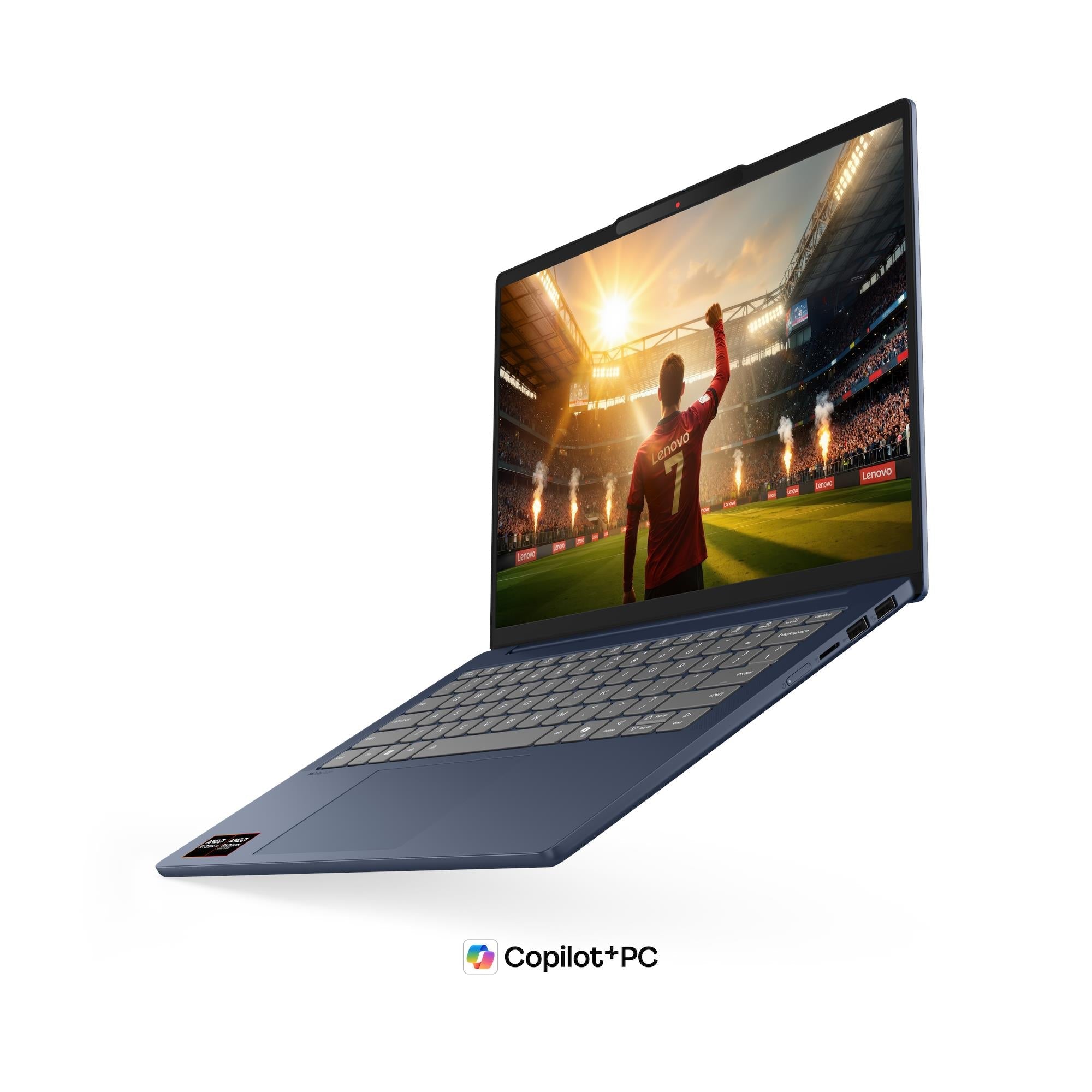 Blue laptop shown at an angle with screen and keyboard visible, thin profile