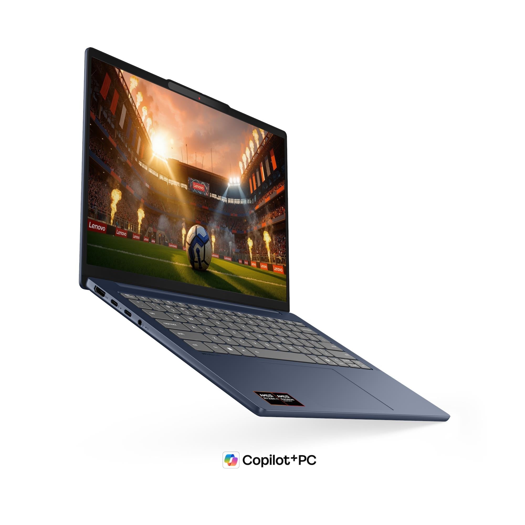 Blue laptop in 3/4 view with open display and keyboard, slim hinge design