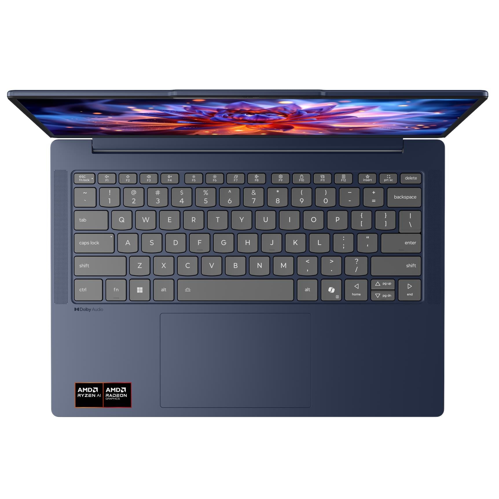 Blue laptop keyboard close-up with trackpad and shortcut keys