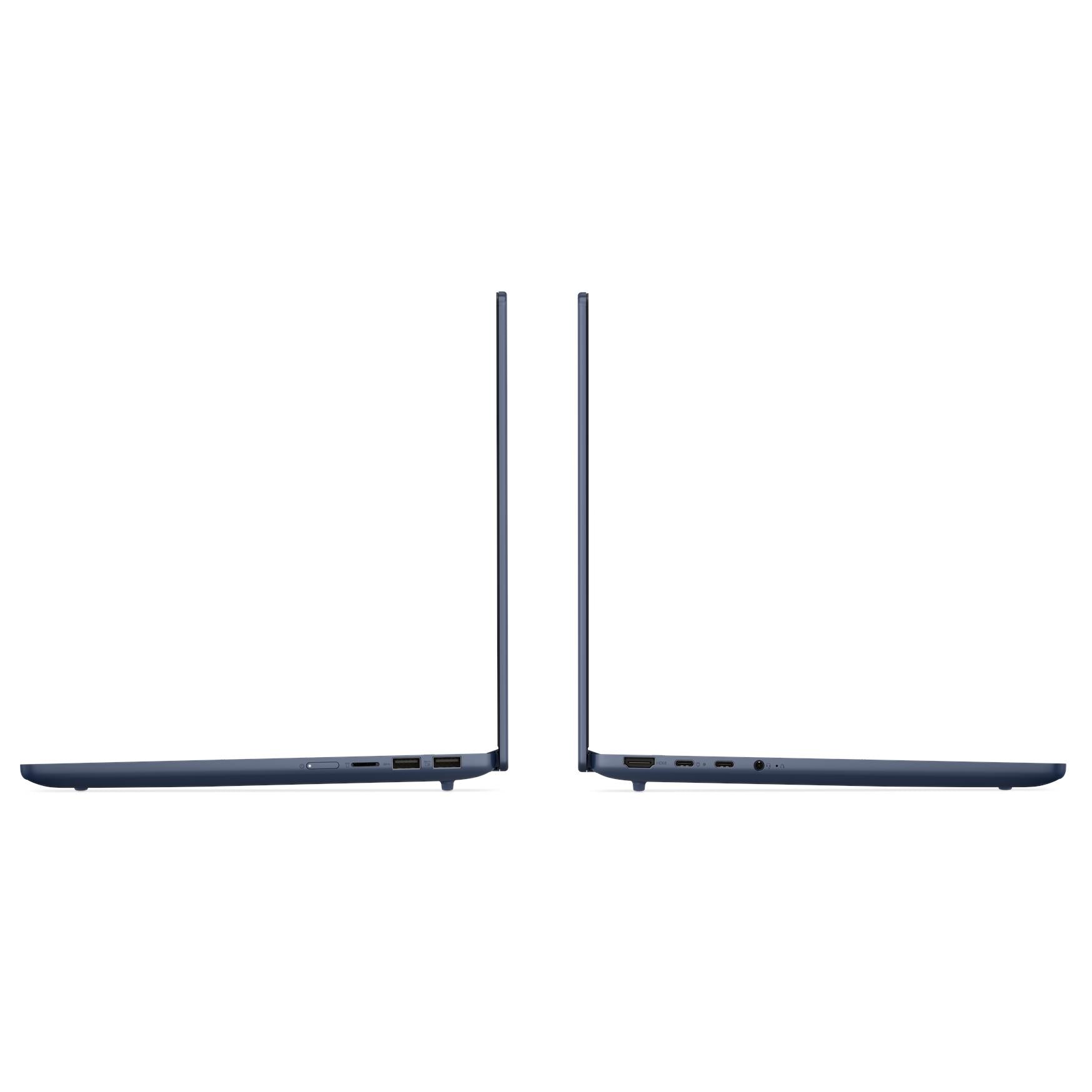 Blue laptop side view showing ports and slim edges