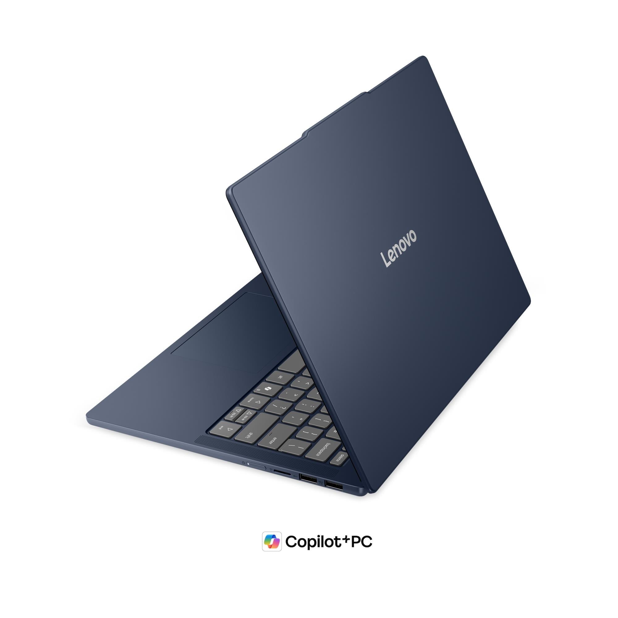Blue laptop with lid closed and open, Lenovo logo on the back cover