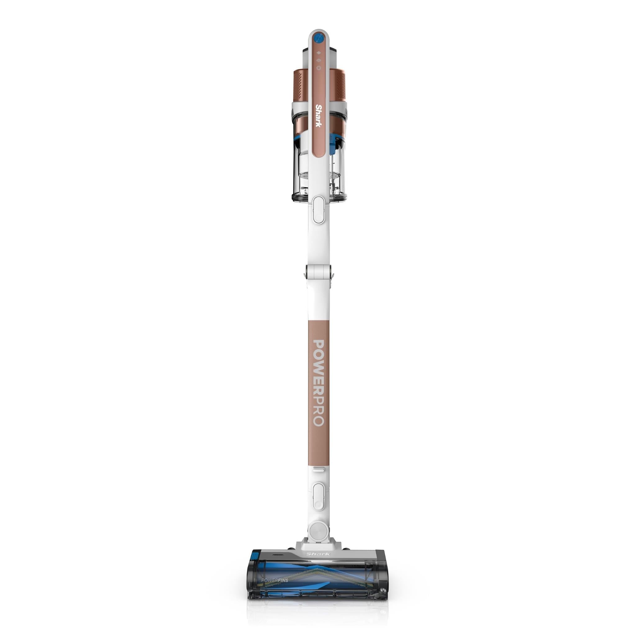 Cordless stick vacuum cleaner with clear dust bin and brown handle