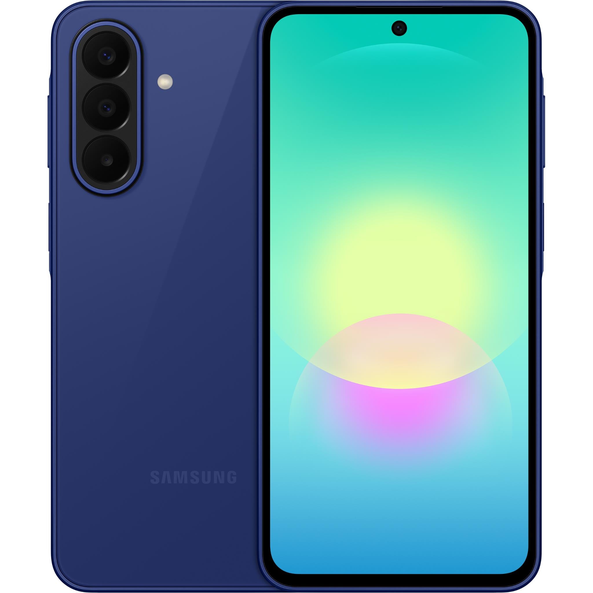 Samsung Galaxy A27 5G phone in blue, front display on and back with triple camera