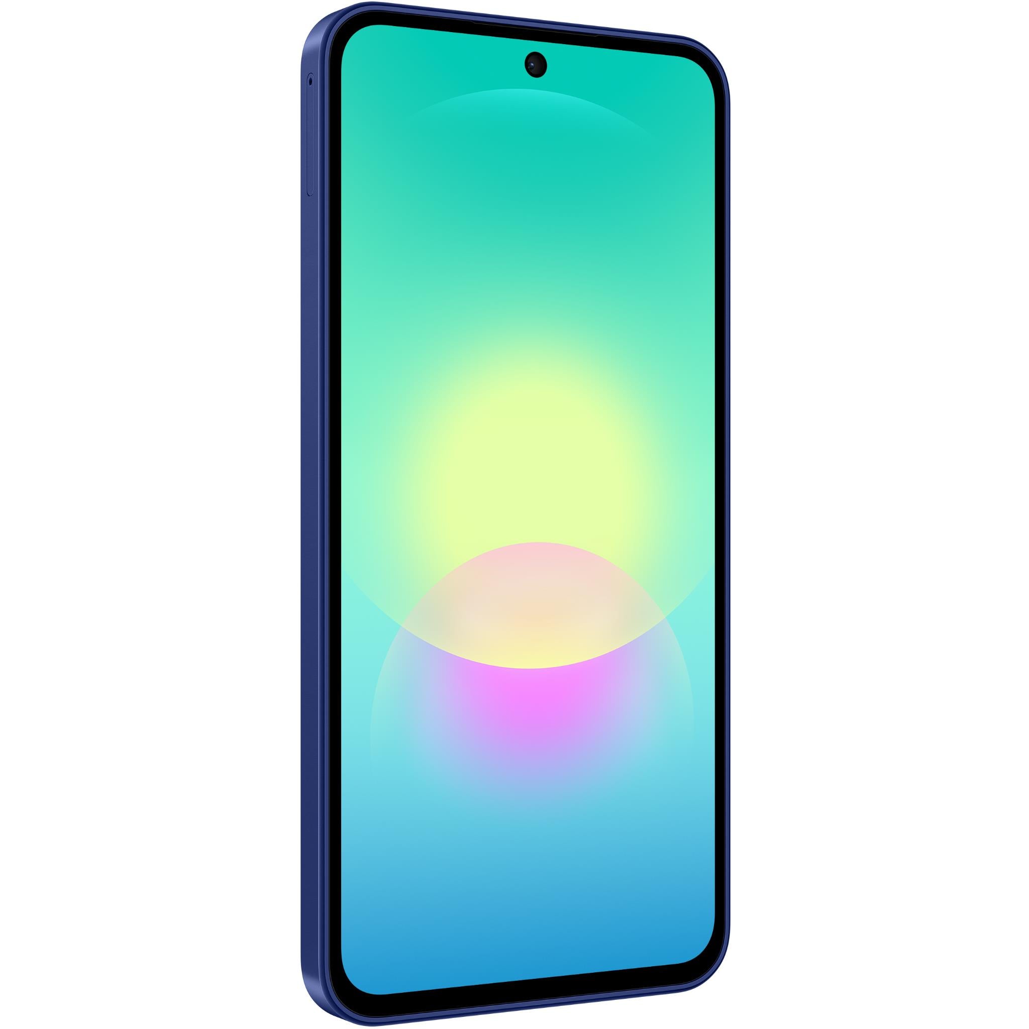 Blue phone front view with on-screen display and centered top speaker