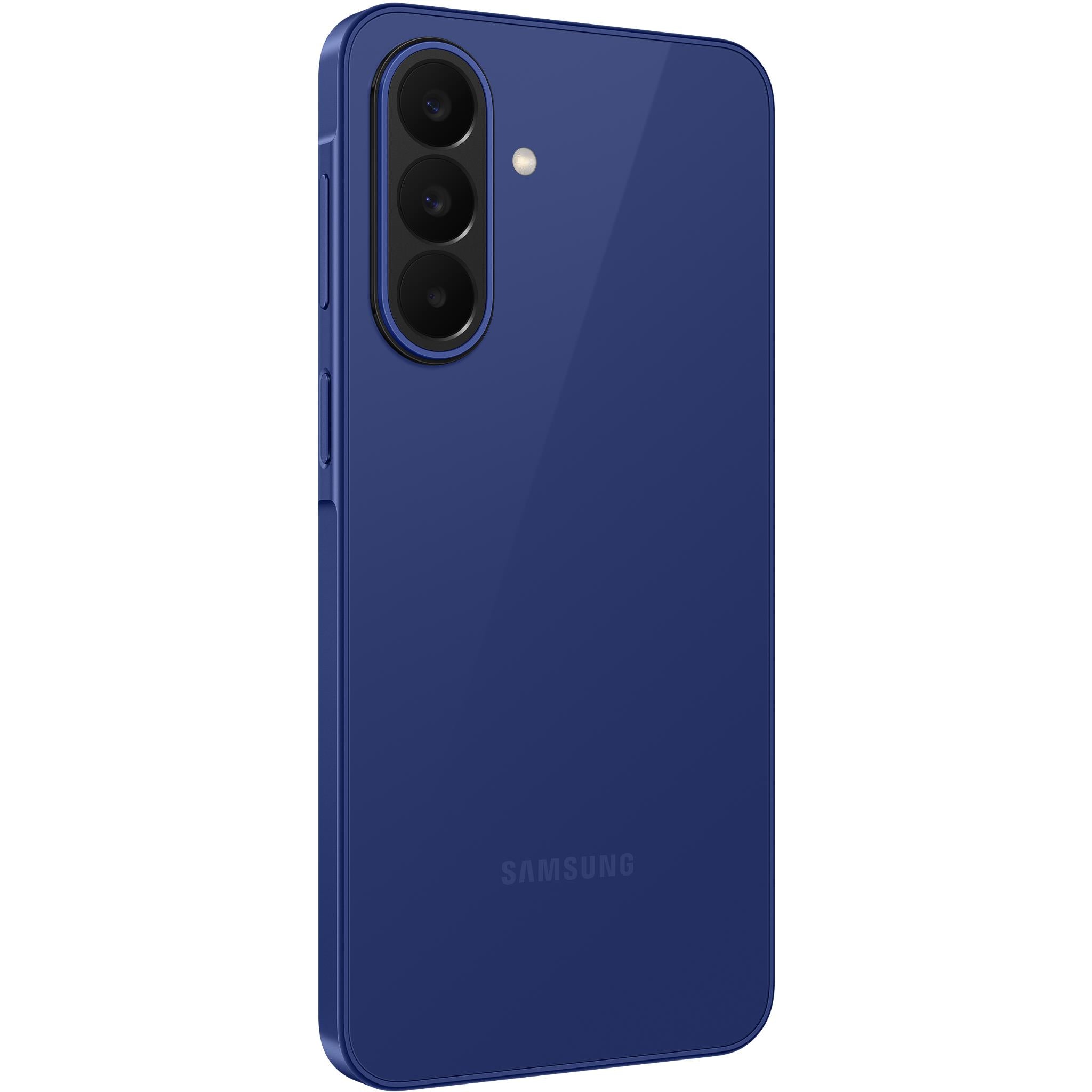 Blue Samsung phone back angled view, triple camera module and Samsung logo