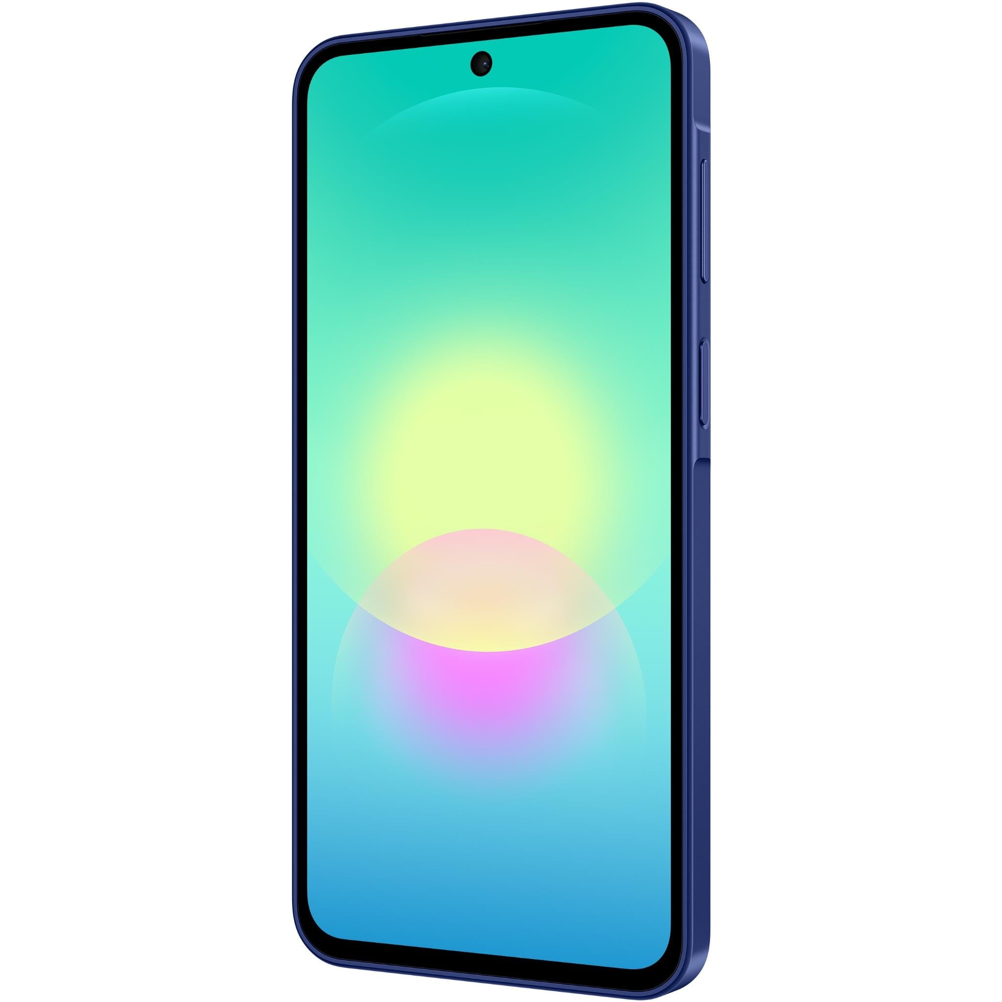 Blue phone front angled view with on-screen display and colorful abstract wallpaper
