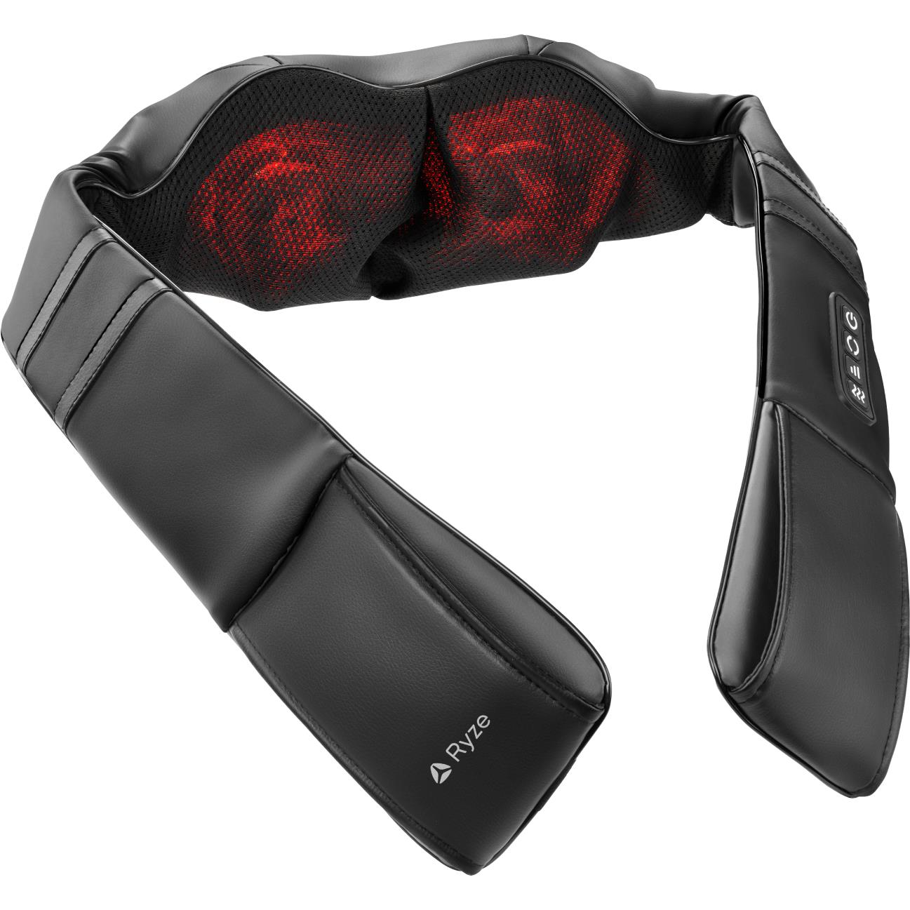 Black shiatsu neck and shoulder massager with curved padded arms and red nodes