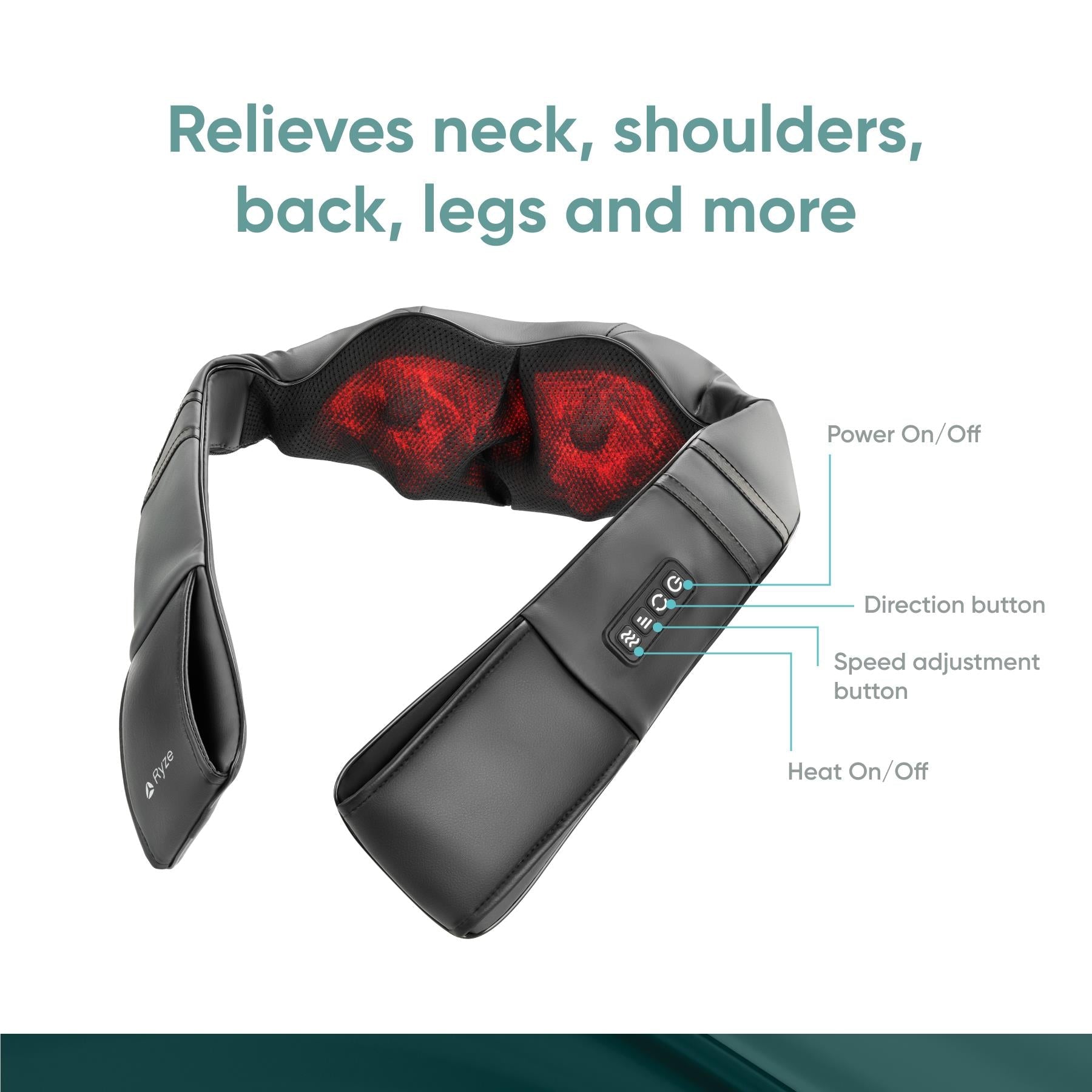 Black shiatsu neck and shoulder massager with side control buttons and red nodes