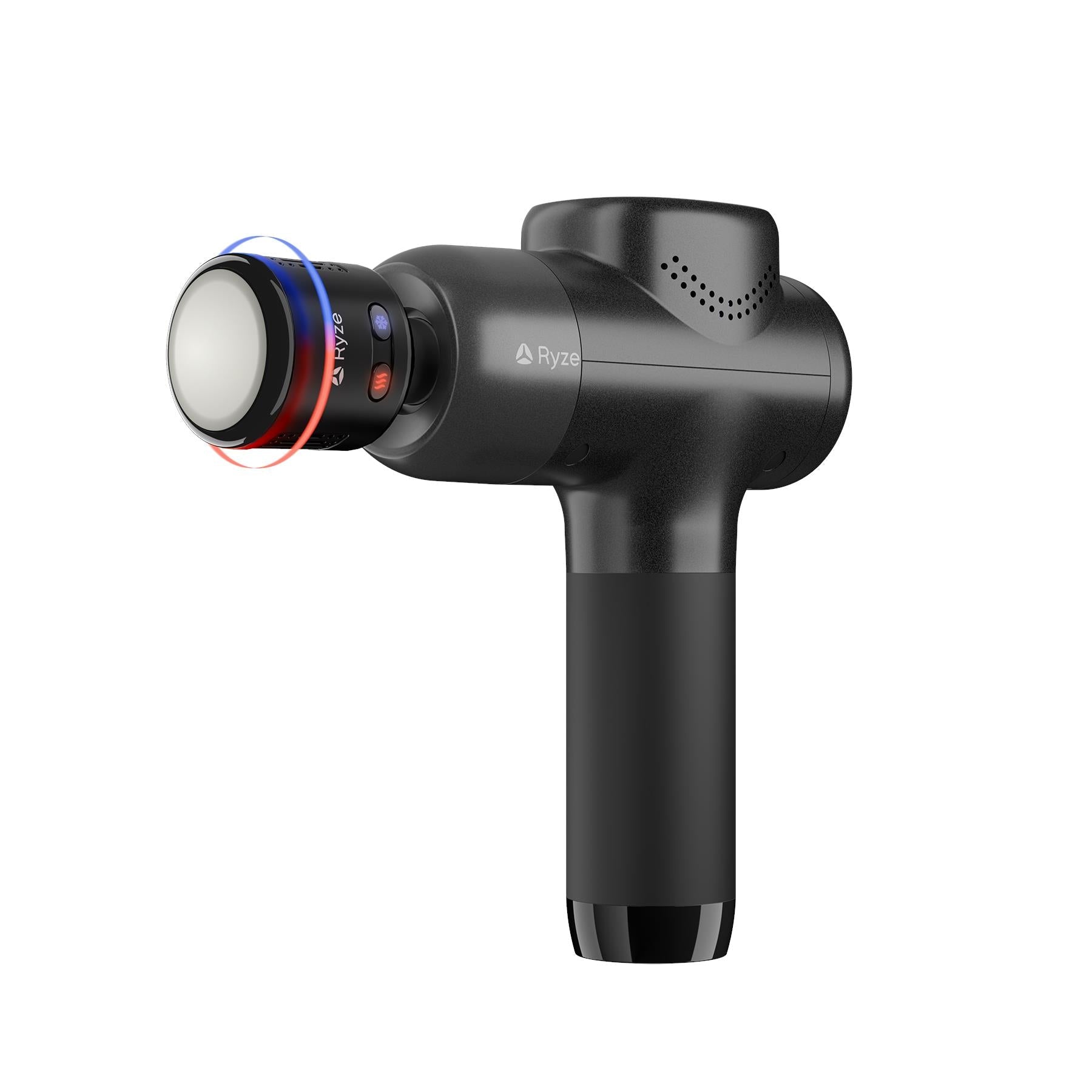 Black Ryze percussion massage gun with large circular massage head and vented top panel