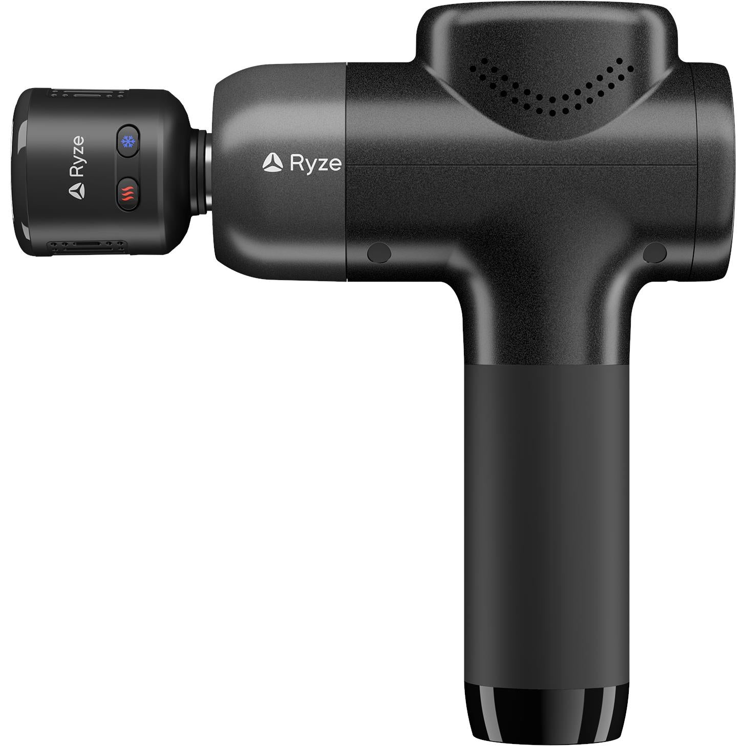 Black Ryze massage gun with side control panel and cylindrical handle