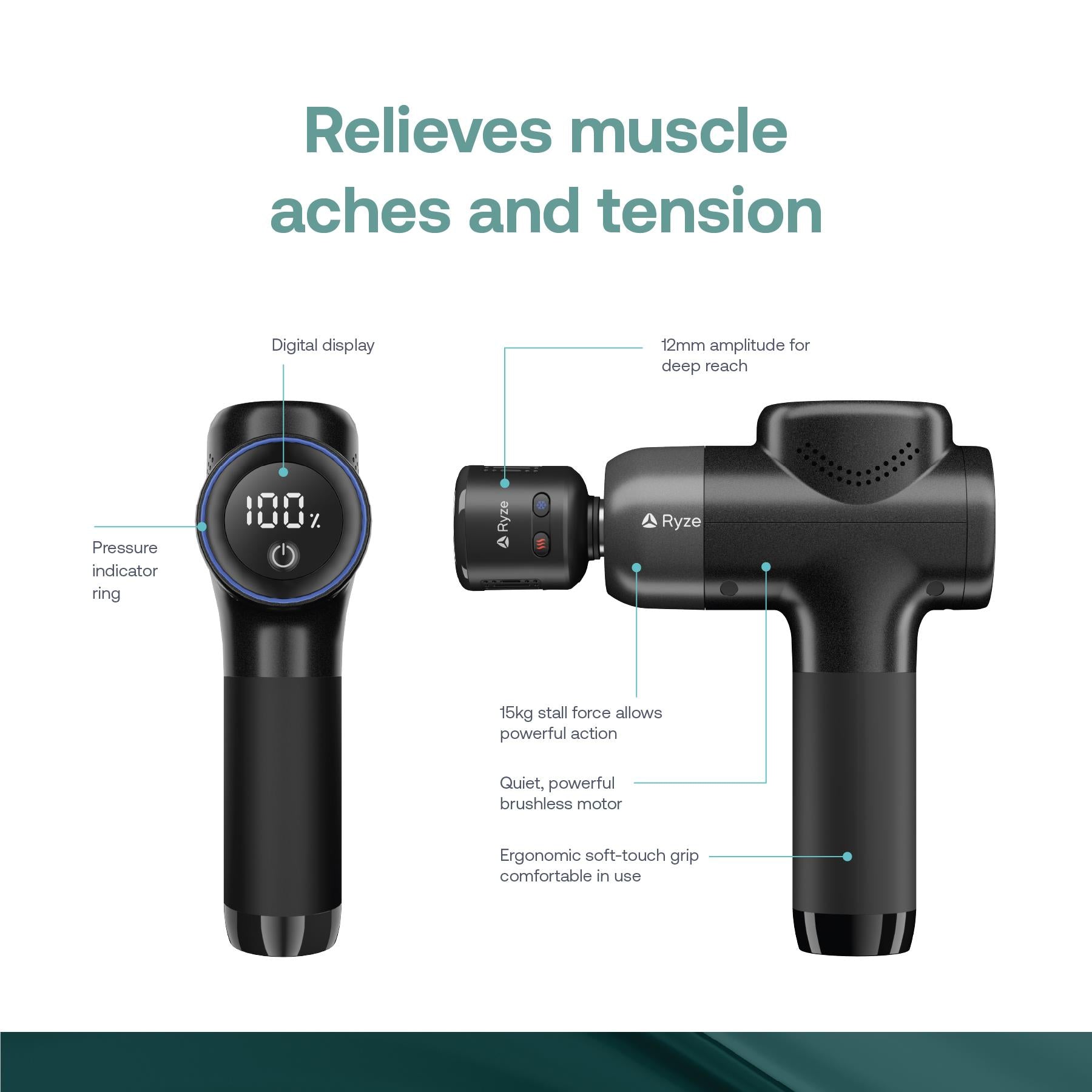 Black Ryze massage gun with digital display and attached massage head
