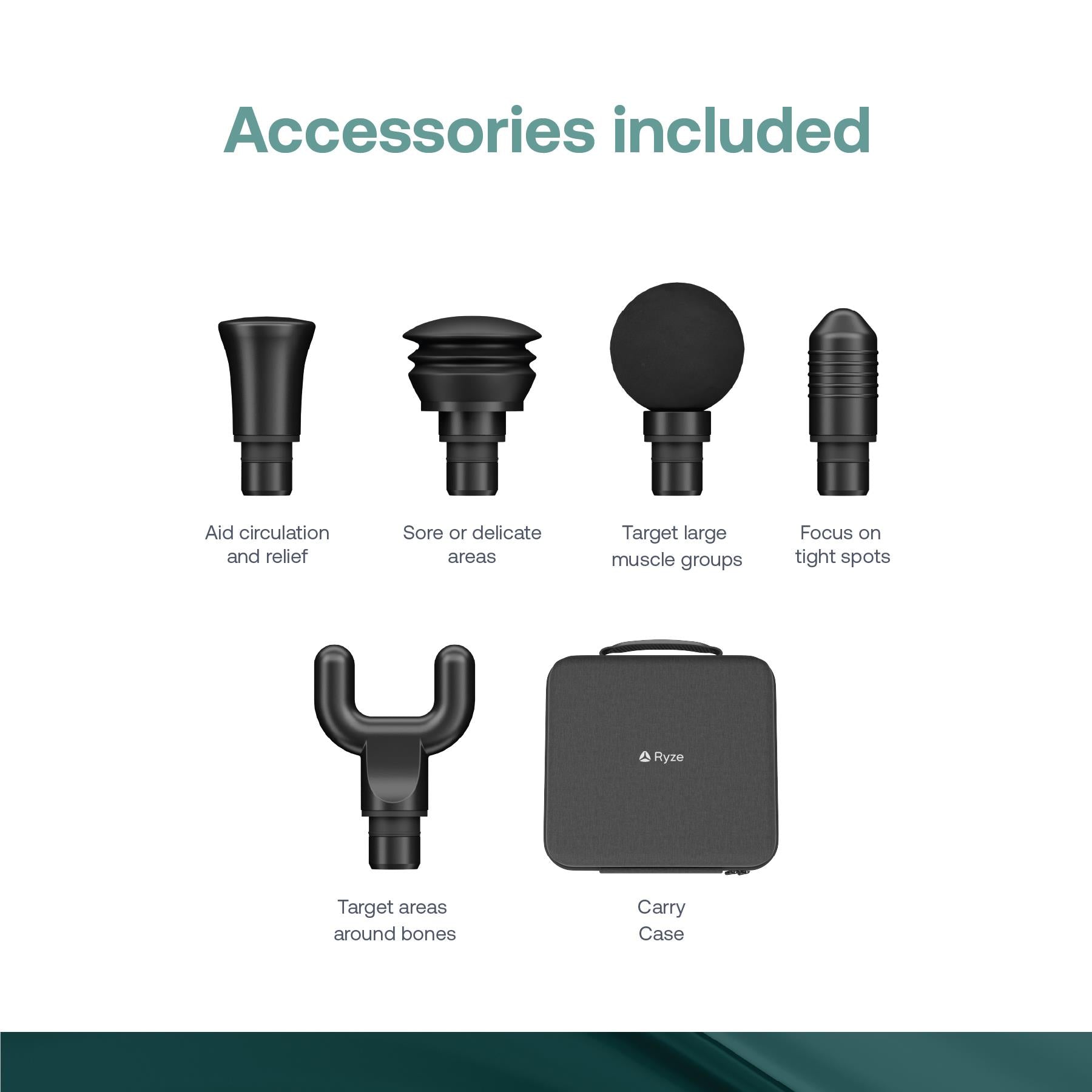 Black Ryze massage gun accessory set with multiple heads and carry case
