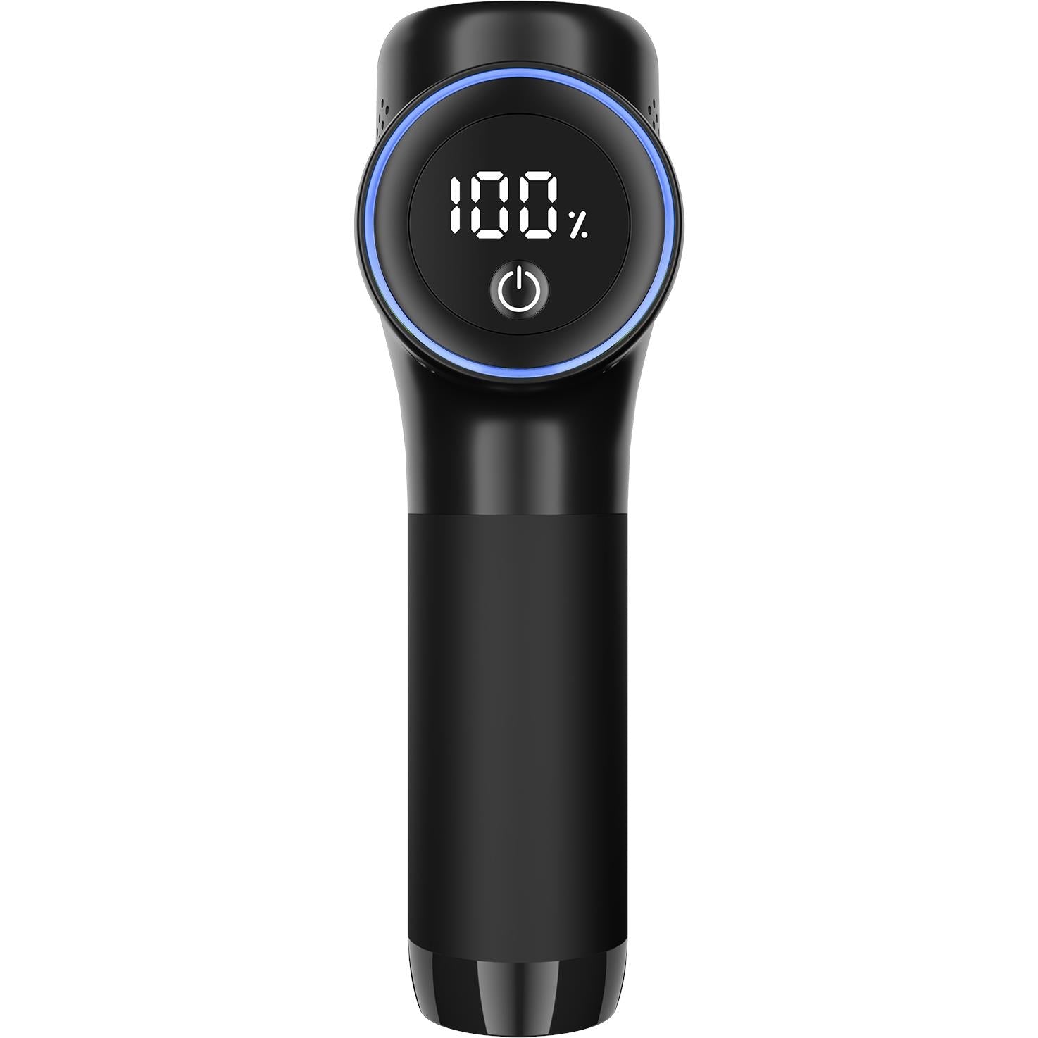 Black Ryze massage gun handle with blue-ring display showing 100%