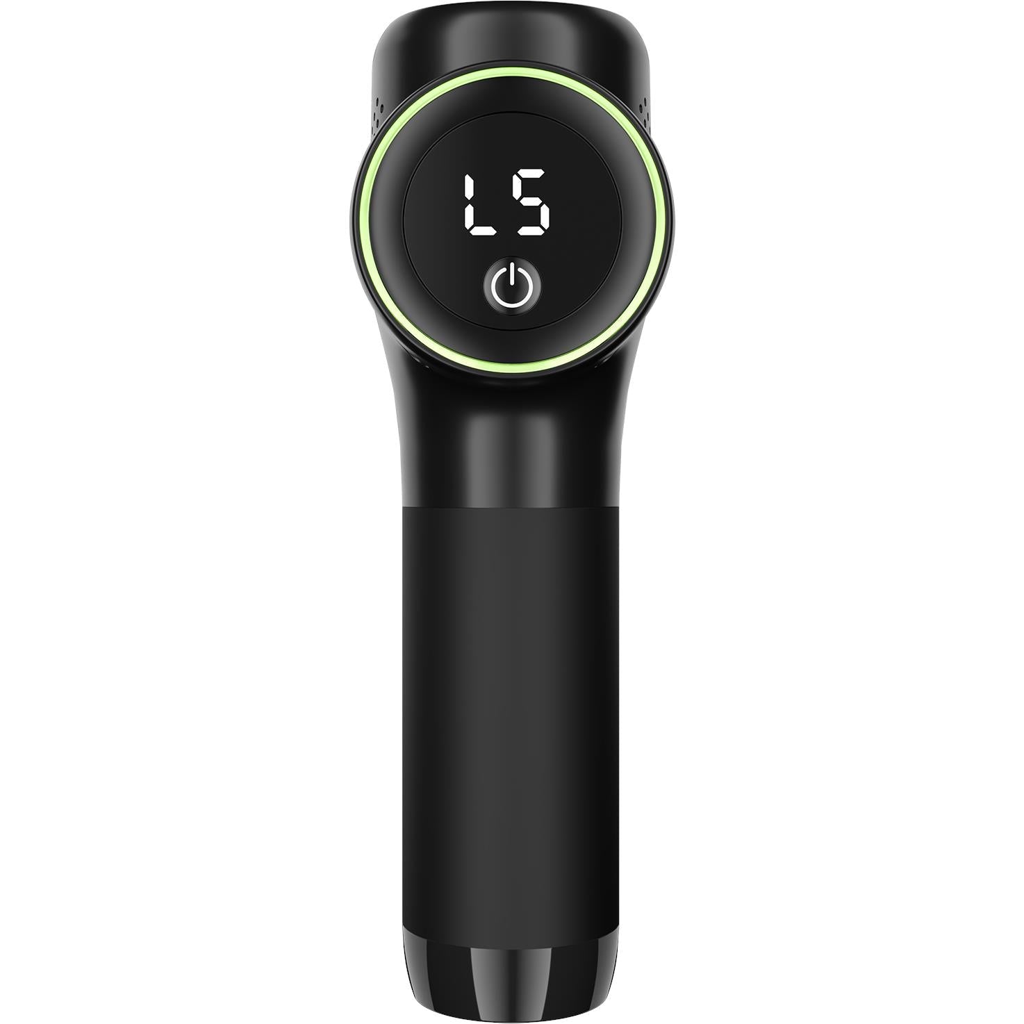 Black Ryze massage gun handle with green-ring display showing L5