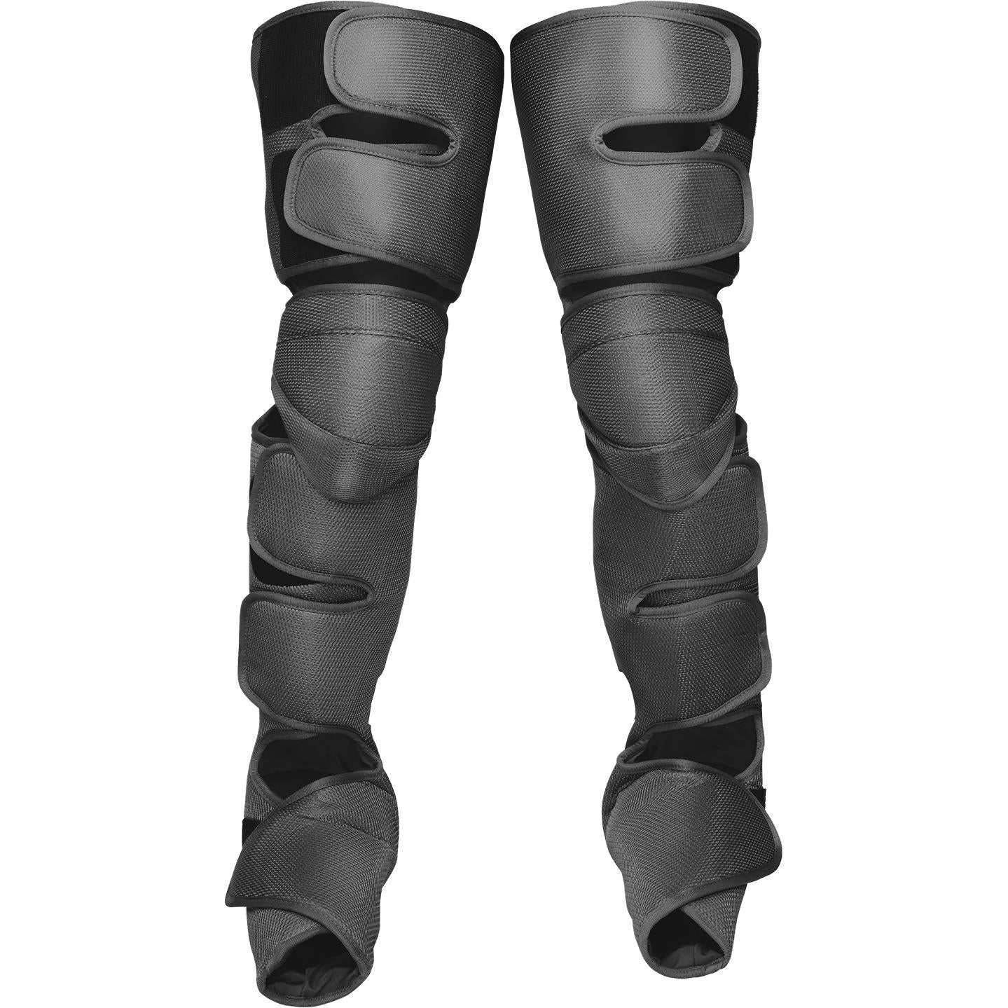 Pair of dark gray leg compression massager sleeves with knee heat pads