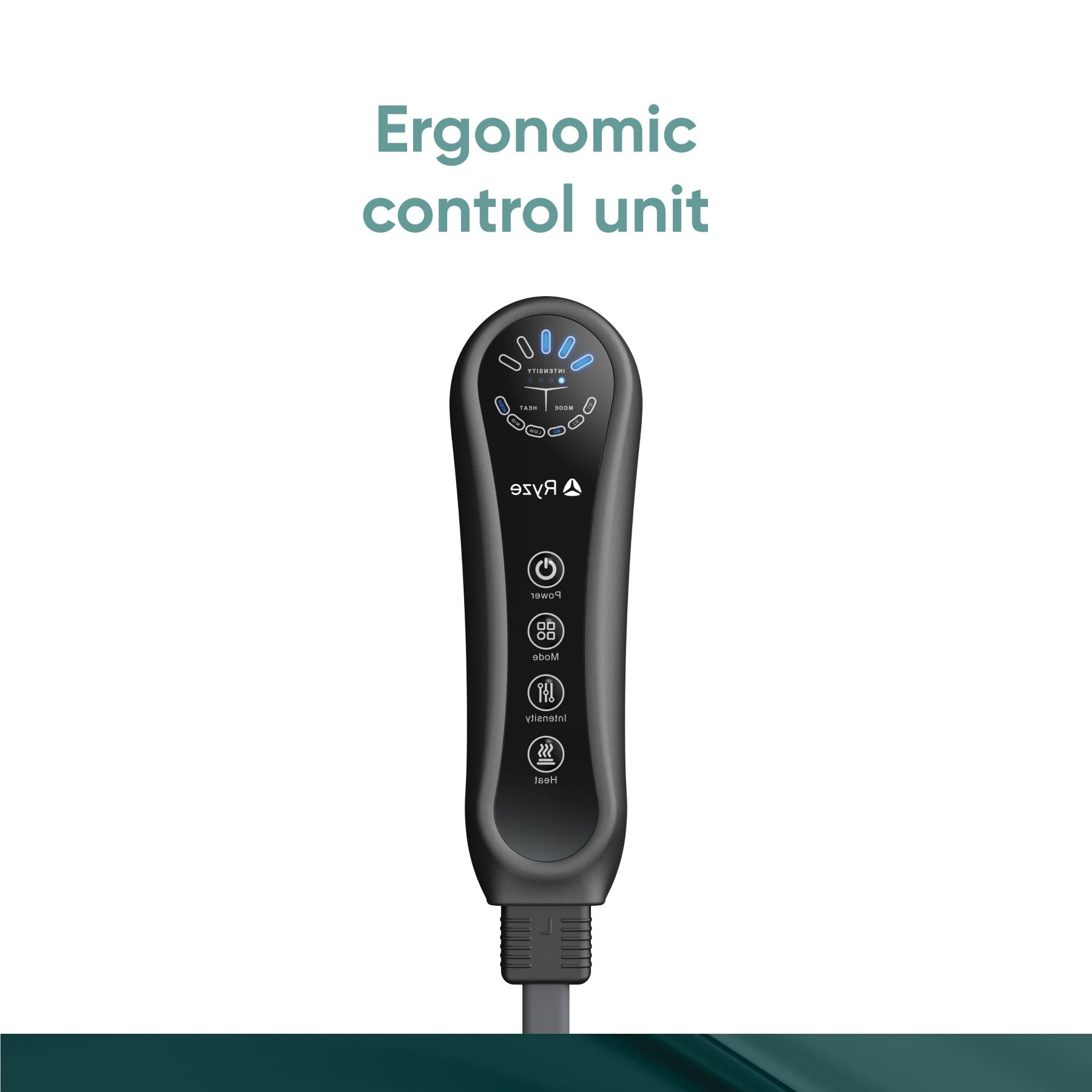 Black ergonomic control unit for cordless leg compression massager with button panel