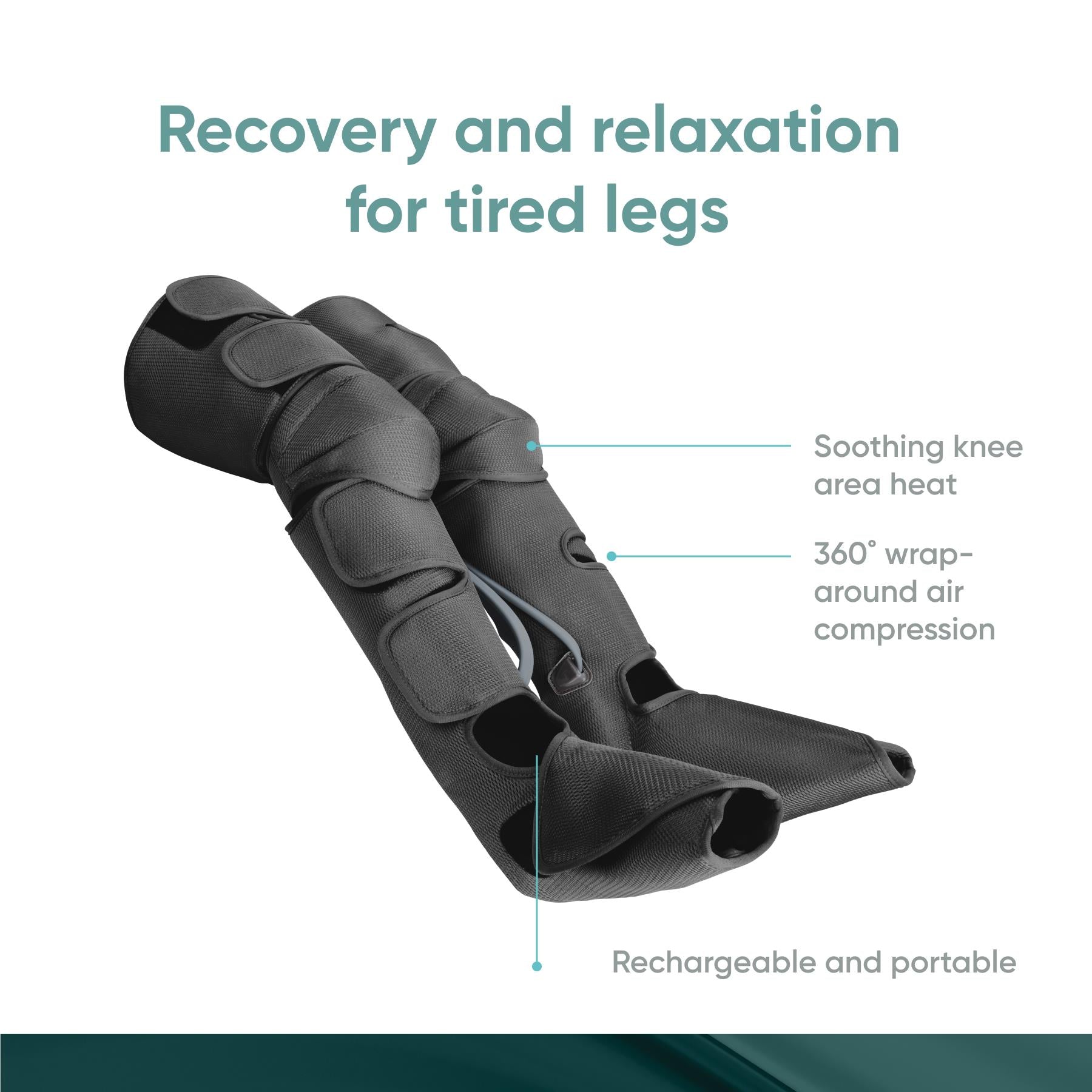 Dark gray leg compression massager with padded knee area and 360-degree wrap straps
