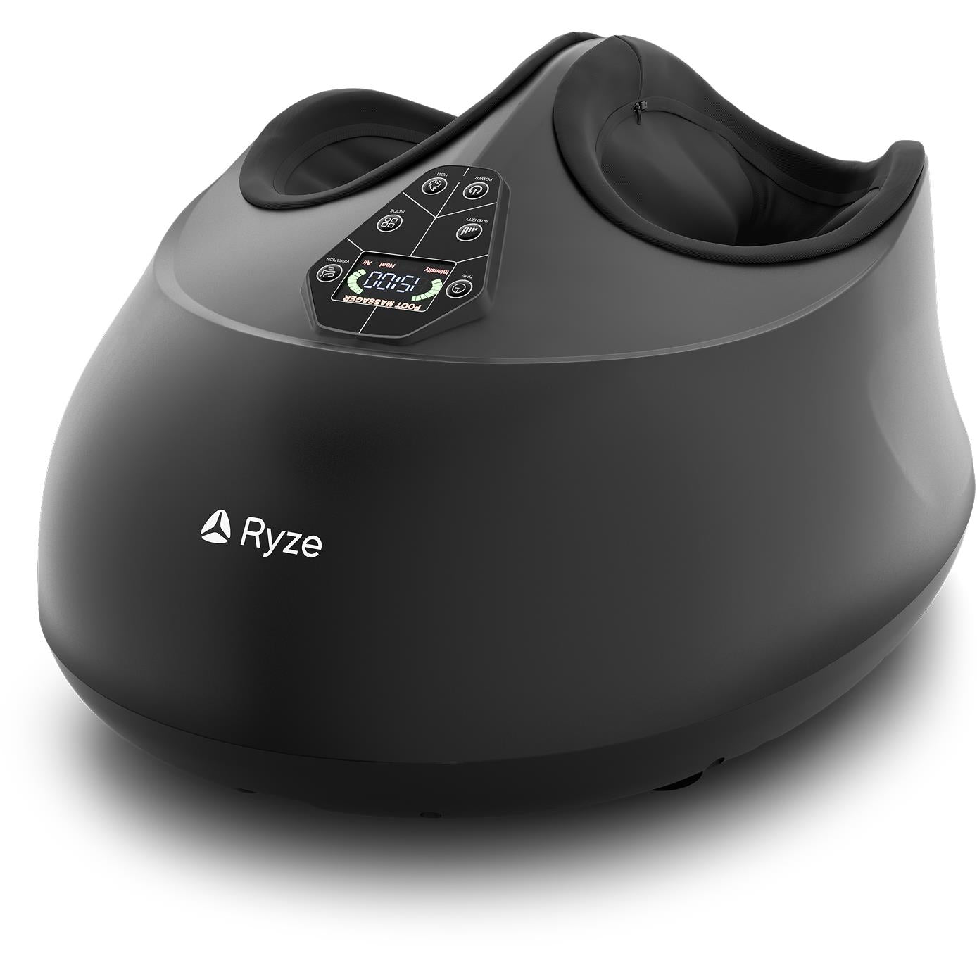 Shiatsu foot massager with heat, black base and padded foot covers