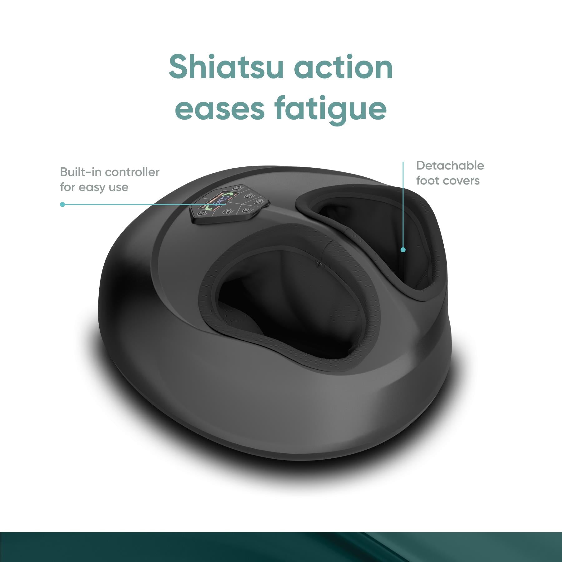 Shiatsu foot massager with heat, black circular body with open foot well