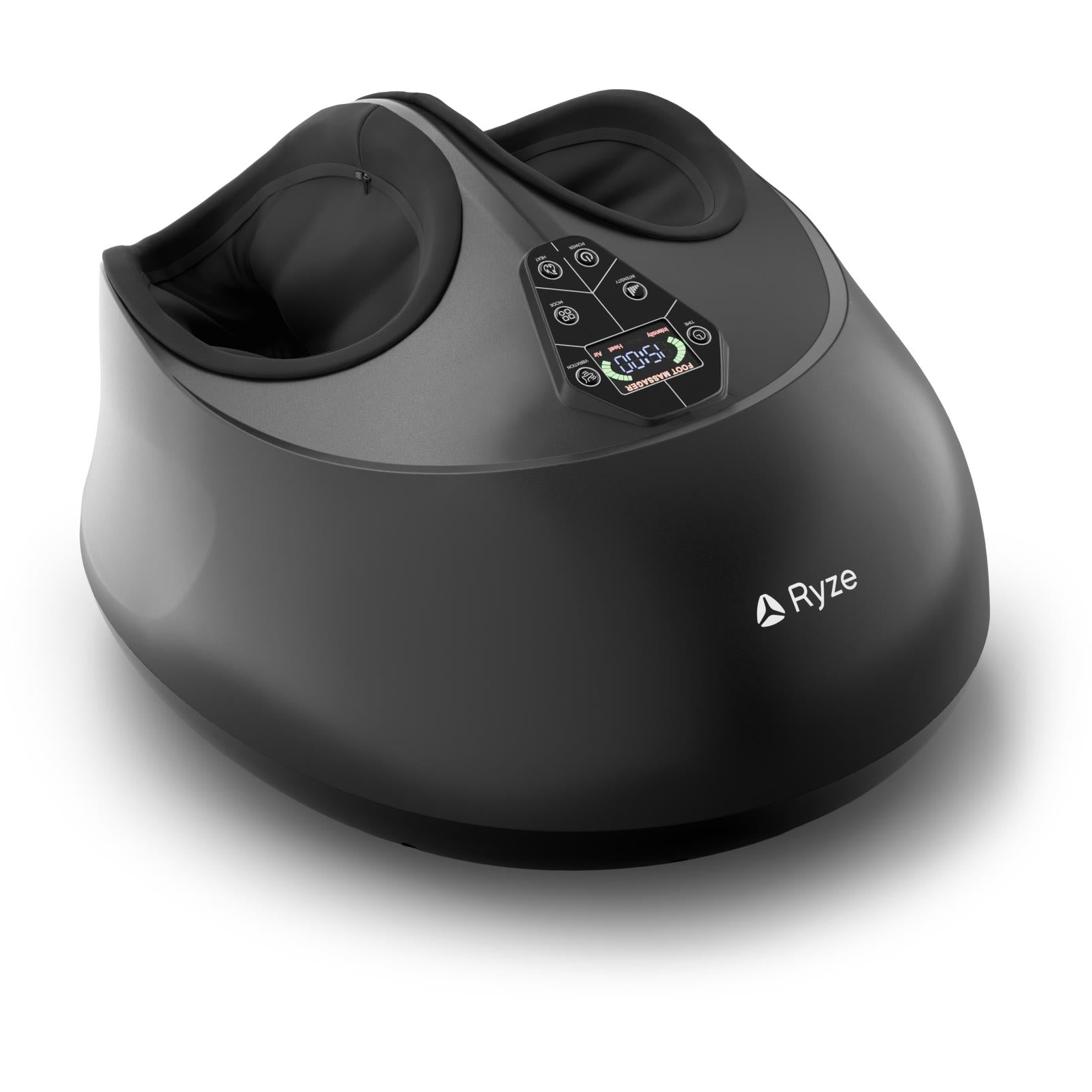 Shiatsu foot massager with heat, black padded foot wells and top control display