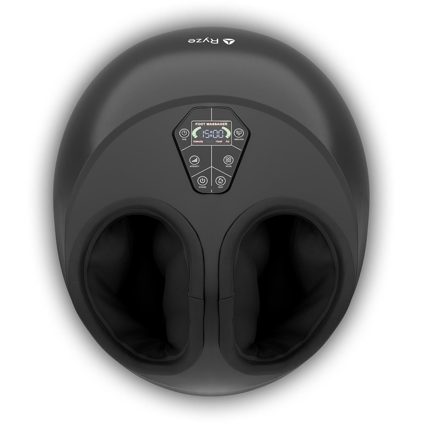 Shiatsu foot massager with heat, overhead view of black foot openings and center display