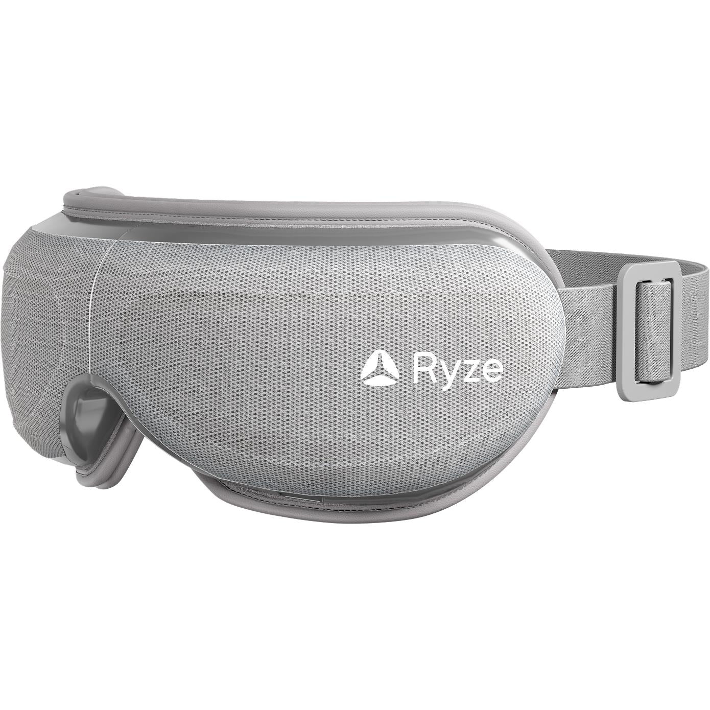 Grey hot/cold eye massager with padded visor and elastic head strap, control buttons