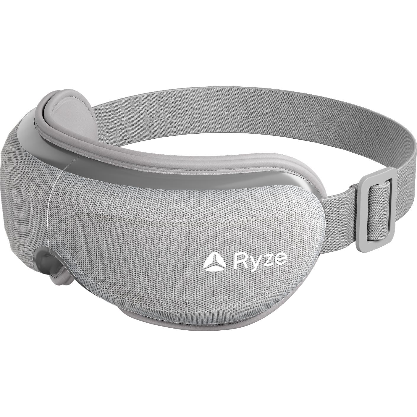 Grey eye massager with cushioned visor and adjustable head strap, compact folded design