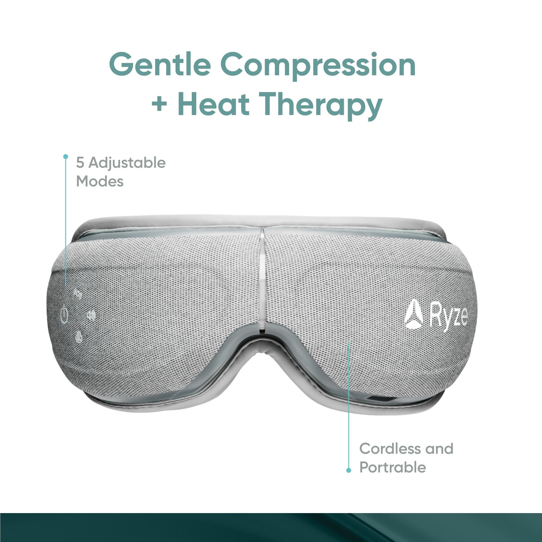 Grey eye massager visor with central seam and elastic strap, padded cushions
