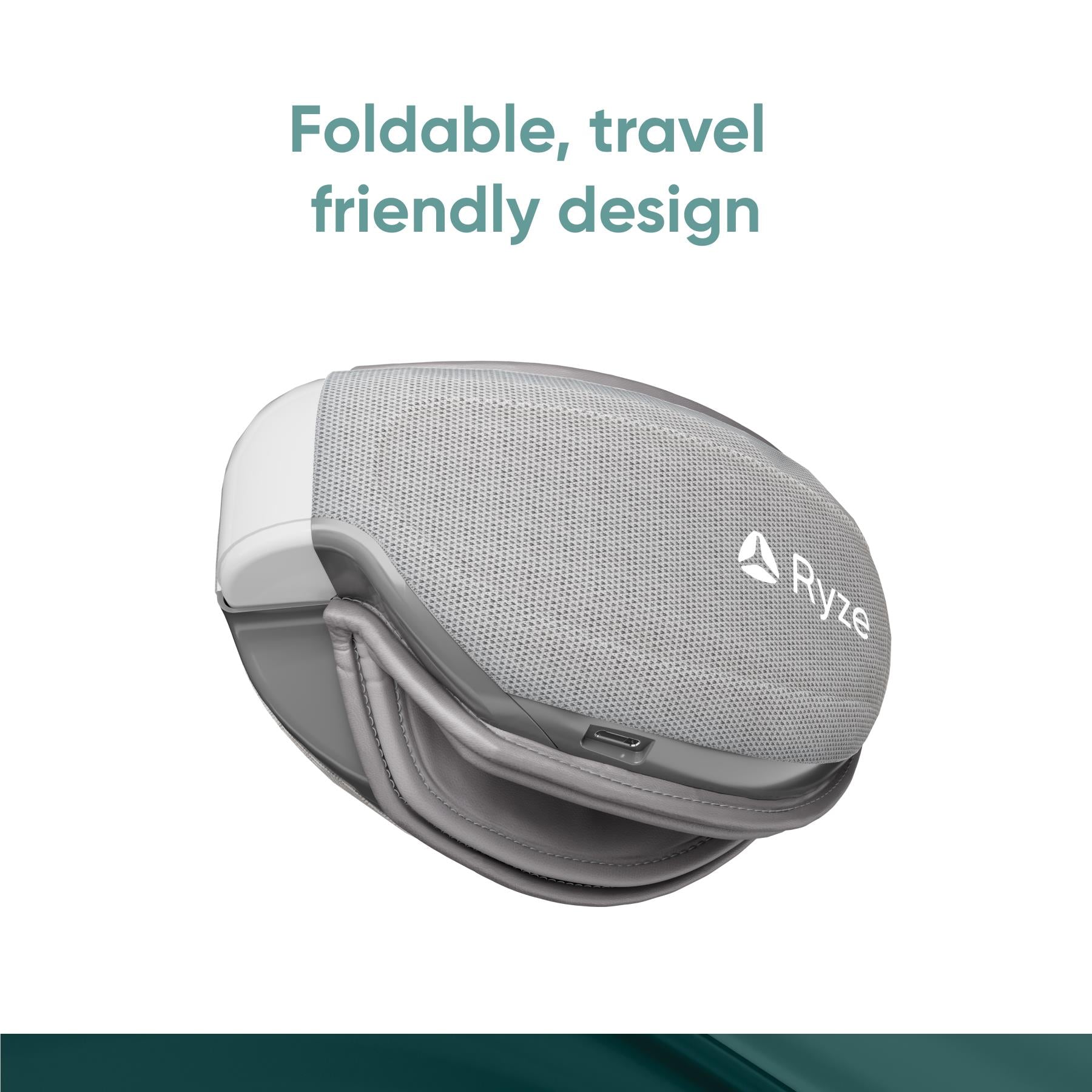 Grey folded eye massager with compact visor, elastic head strap, side control opening