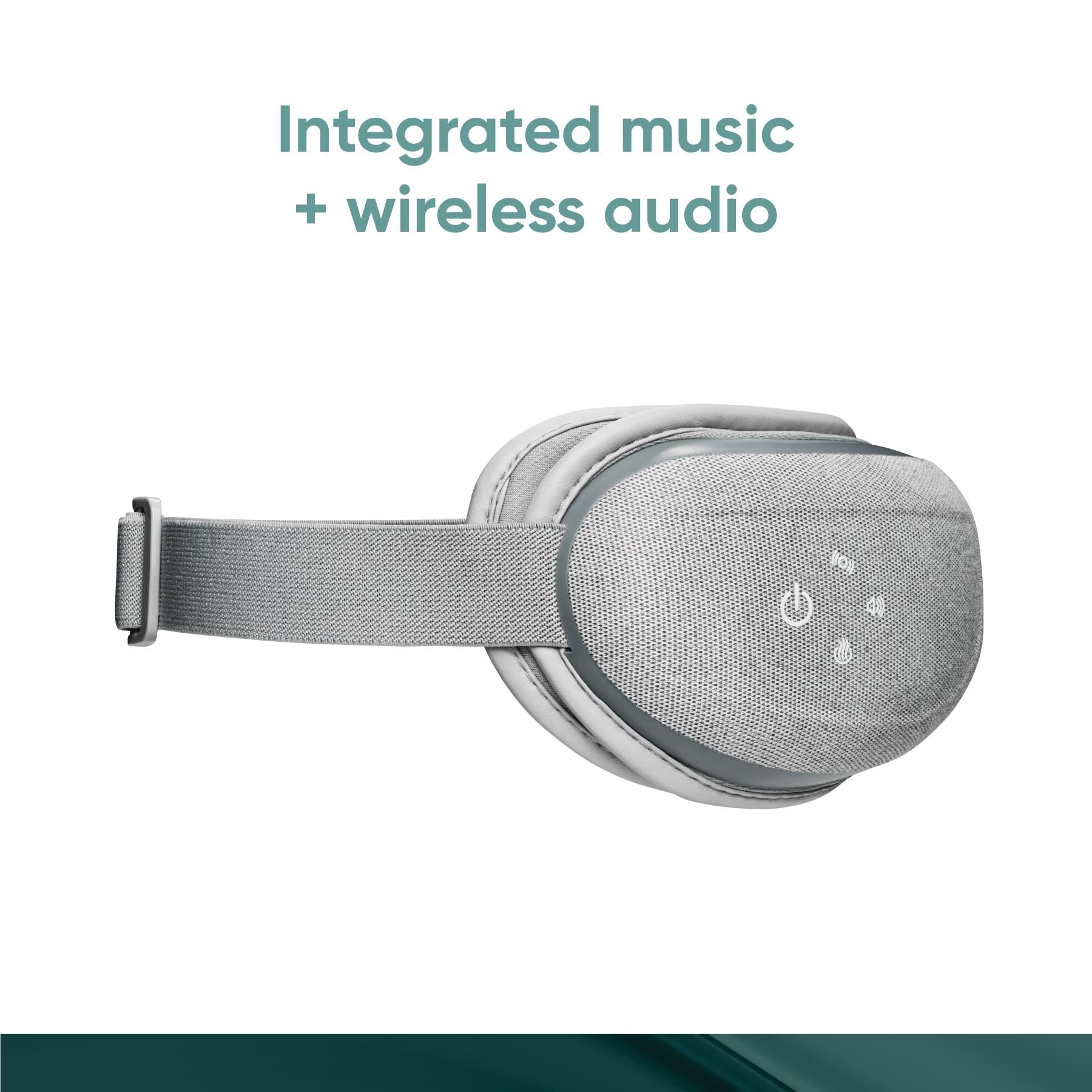Grey eye massager with earcup-style control panel, integrated buttons, elastic head strap