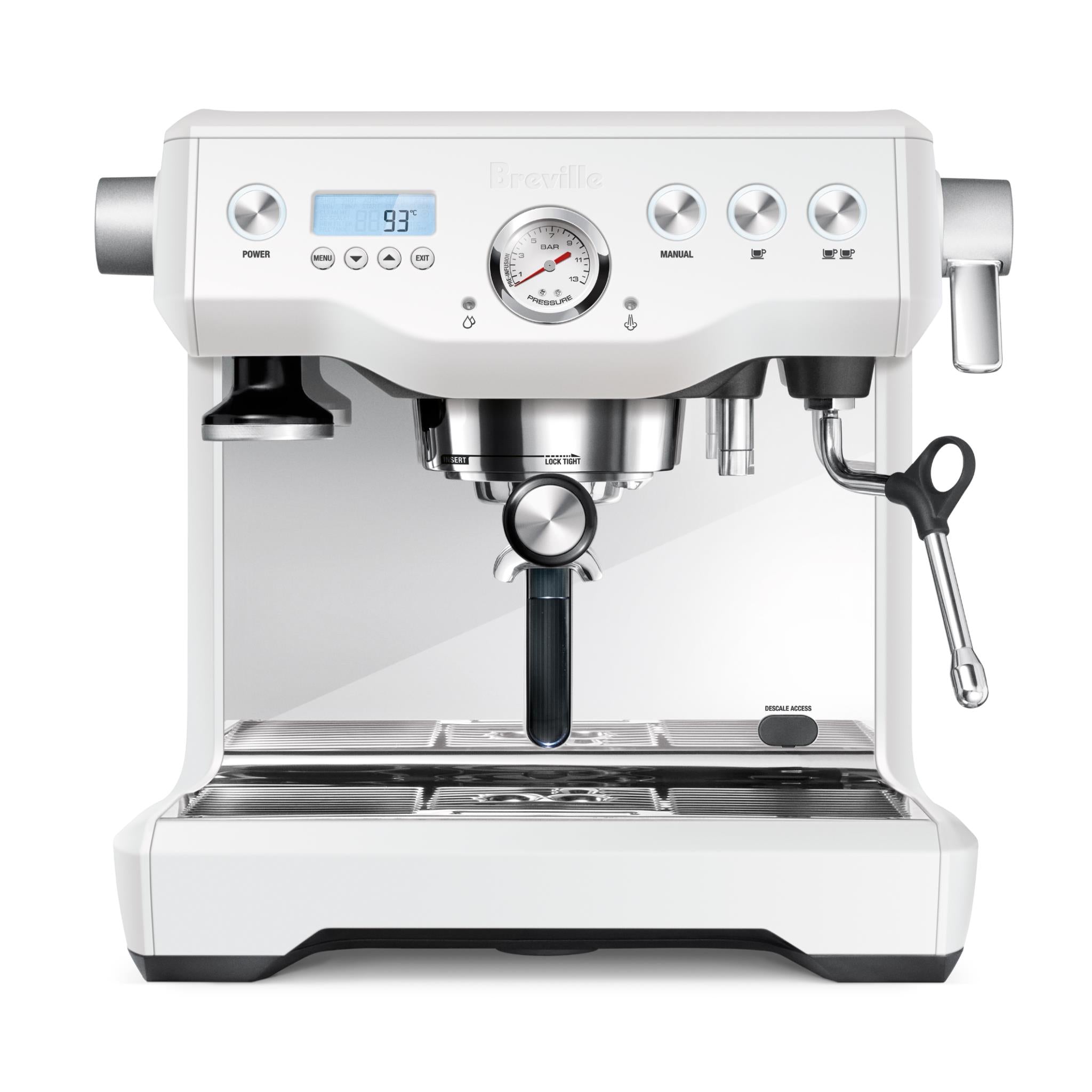 Breville Dual Boiler espresso coffee machine in sea salt, front view with controls