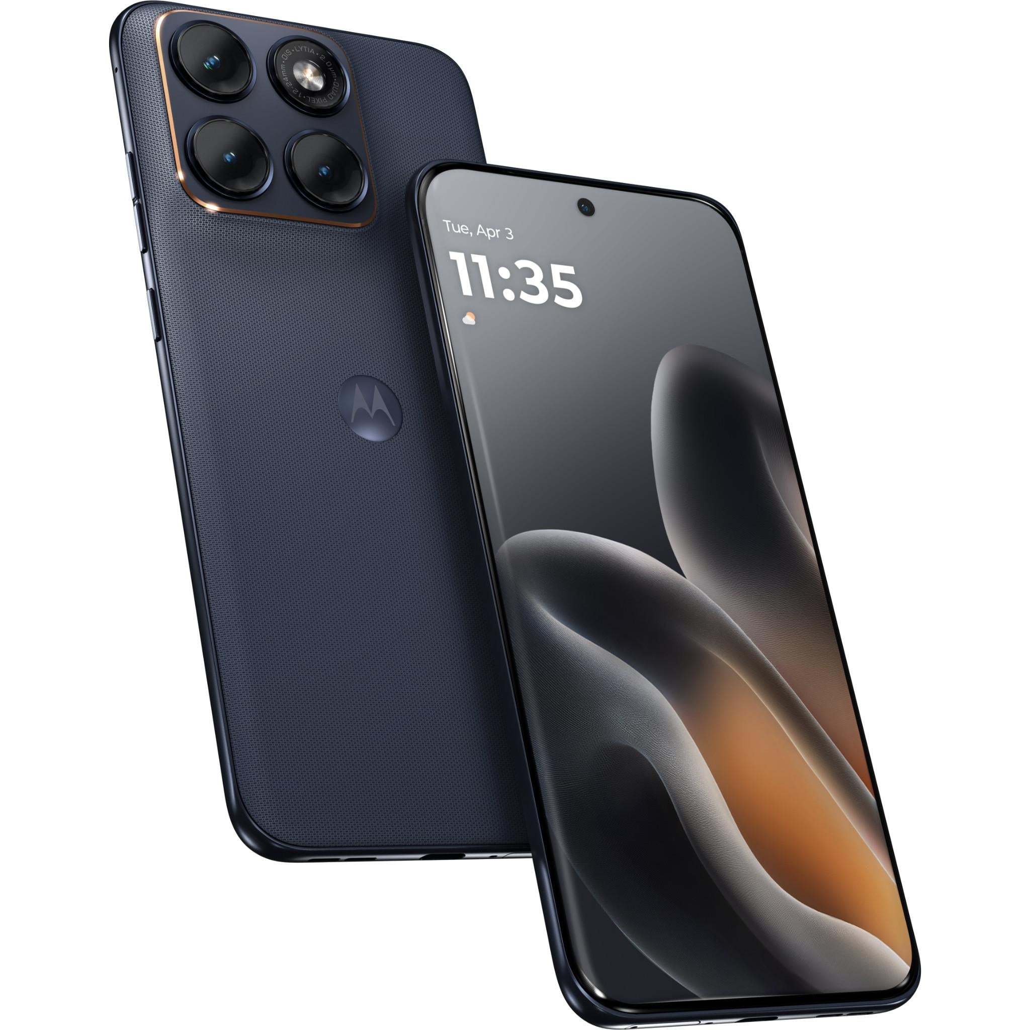 Dark blue Motorola 5G smartphone with quad rear cameras and lit front display