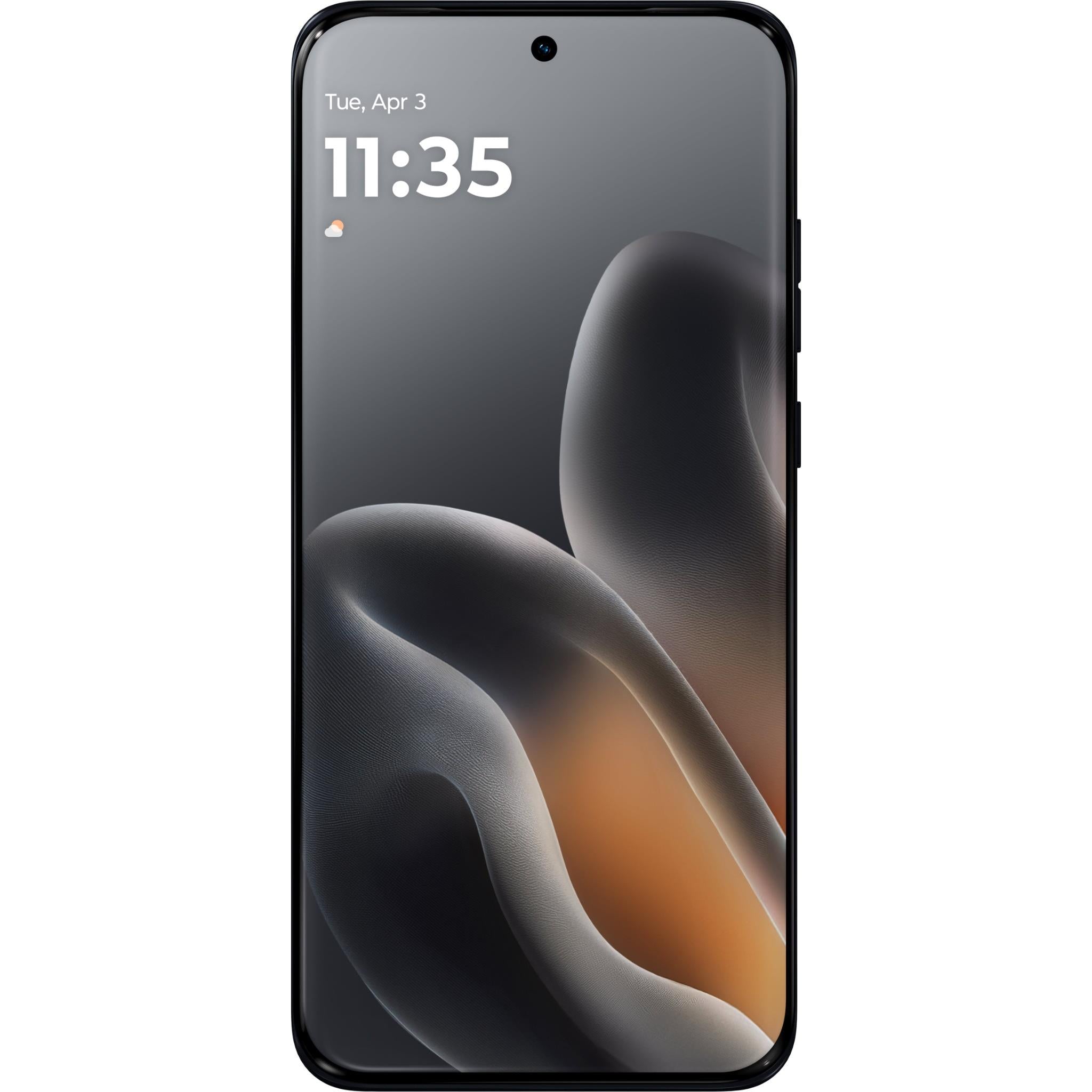 Dark smartphone front with 11:35 screen and abstract wallpaper
