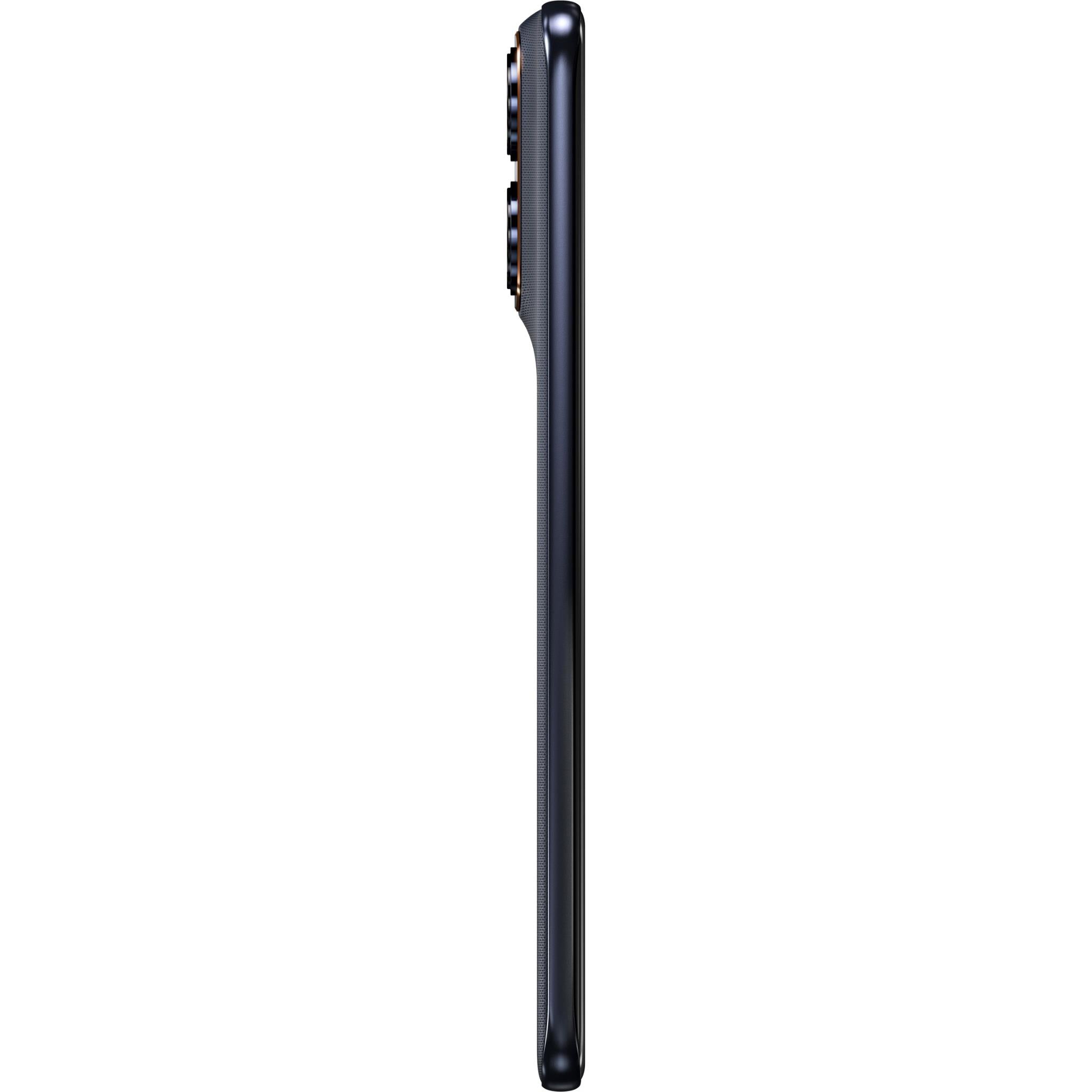 Slim dark blue smartphone side view with buttons and curved edge