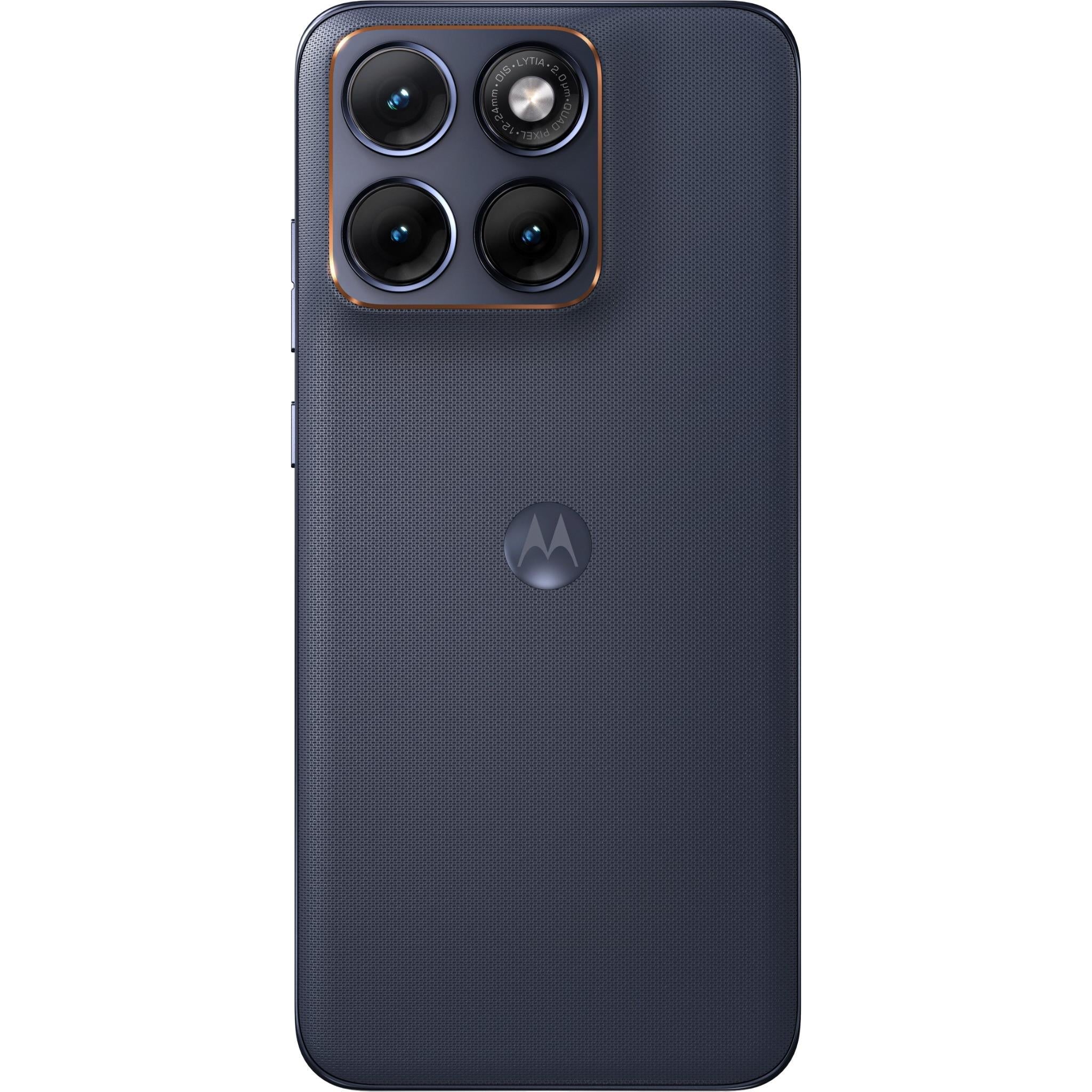 Navy textured Motorola smartphone back with quad camera module