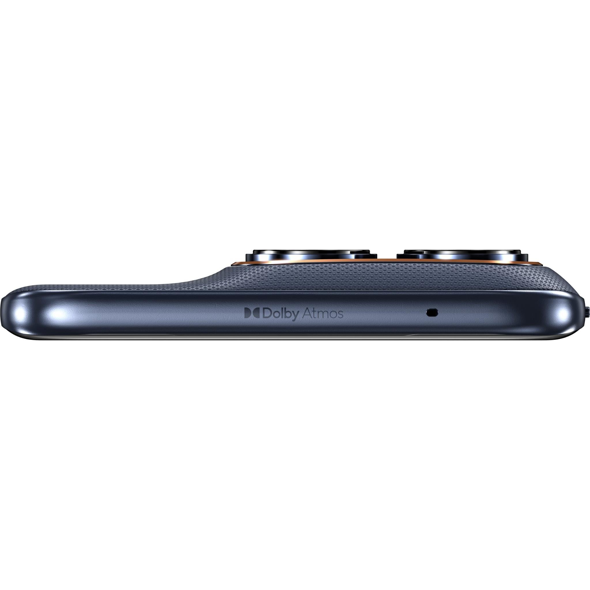 Dark blue smartphone bottom edge with speaker grills and Dolby Atmos label