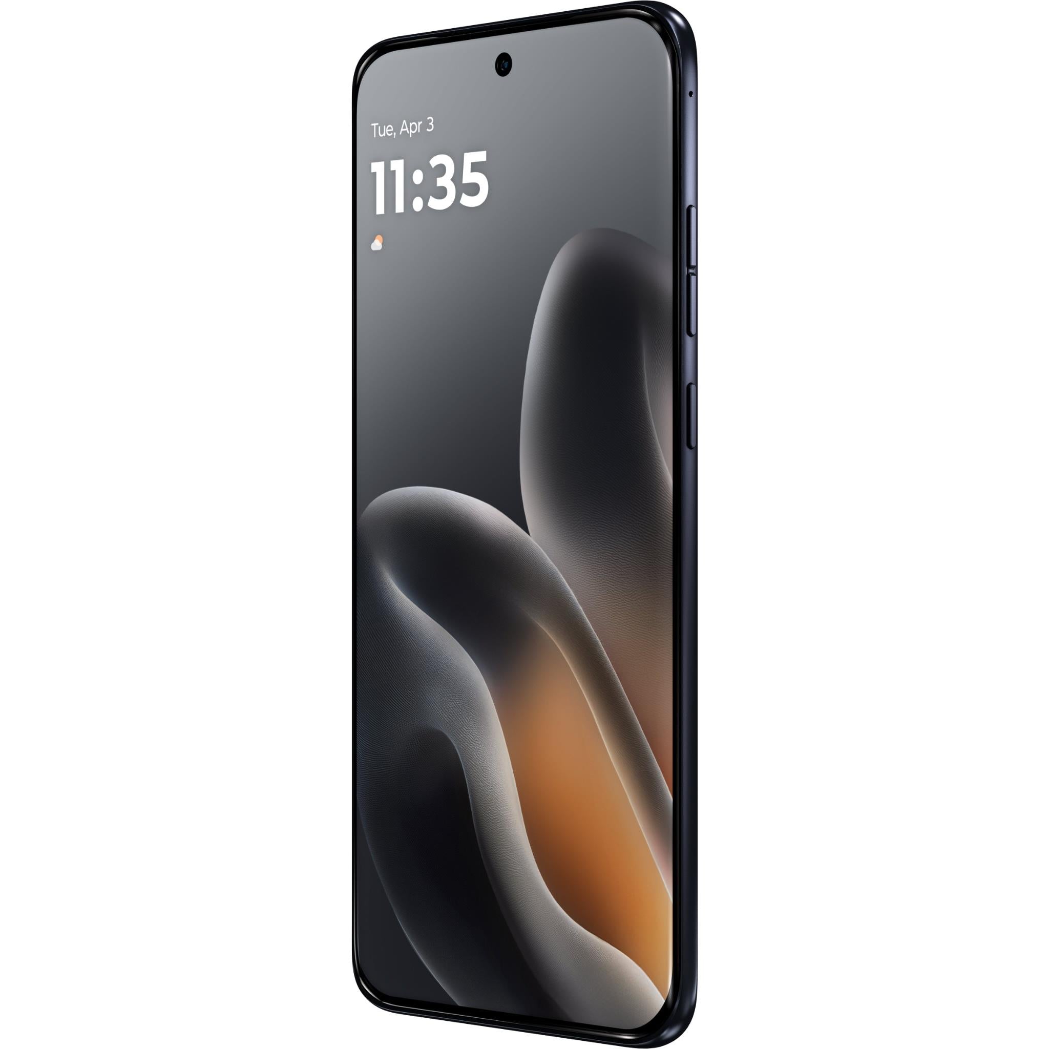 Dark blue Motorola smartphone front with 11:35 display and teardrop notch