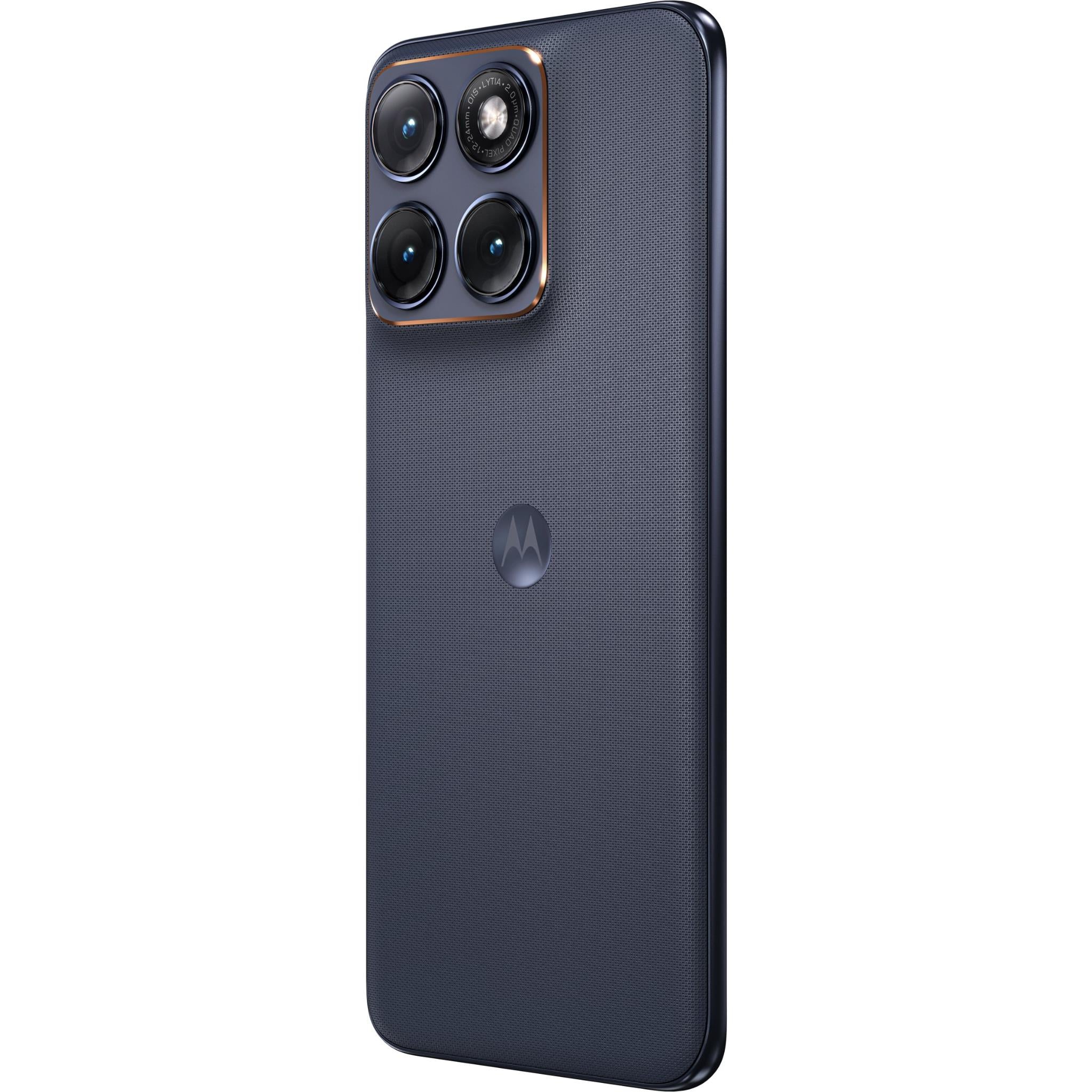 Navy Motorola smartphone back with textured finish and quad rear cameras