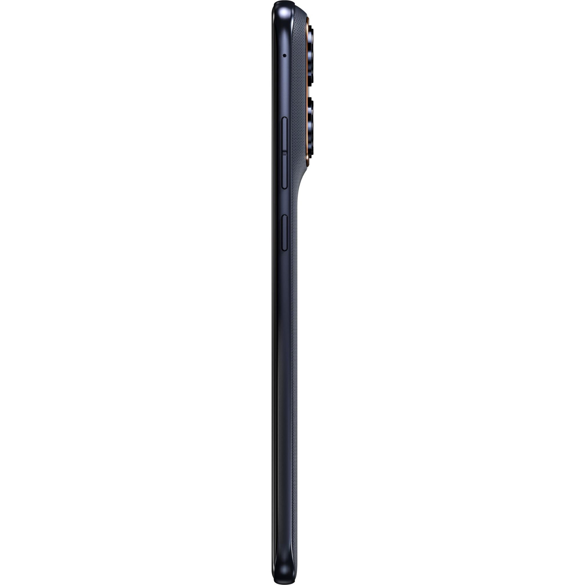 Dark blue smartphone side profile with buttons and ports along the edge