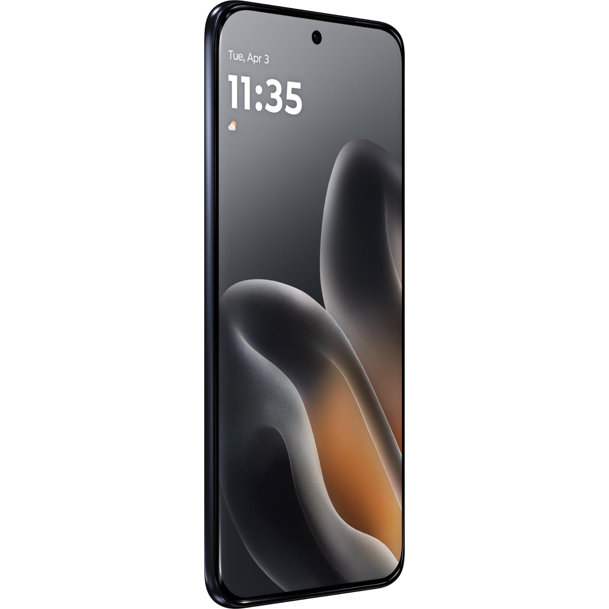Dark smartphone front view with 11:35 screen and abstract wallpaper