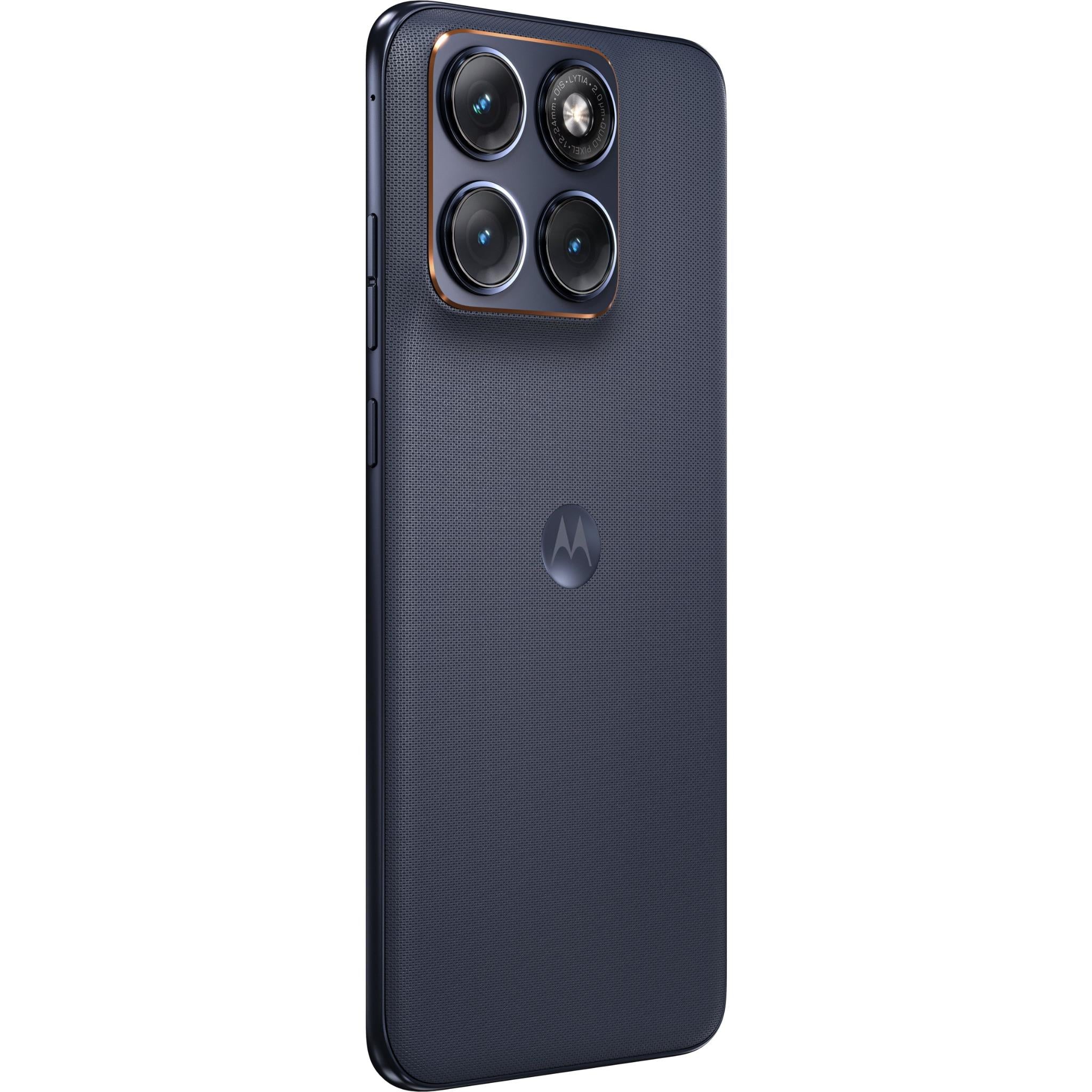 Navy Motorola smartphone back with quad camera module and center logo